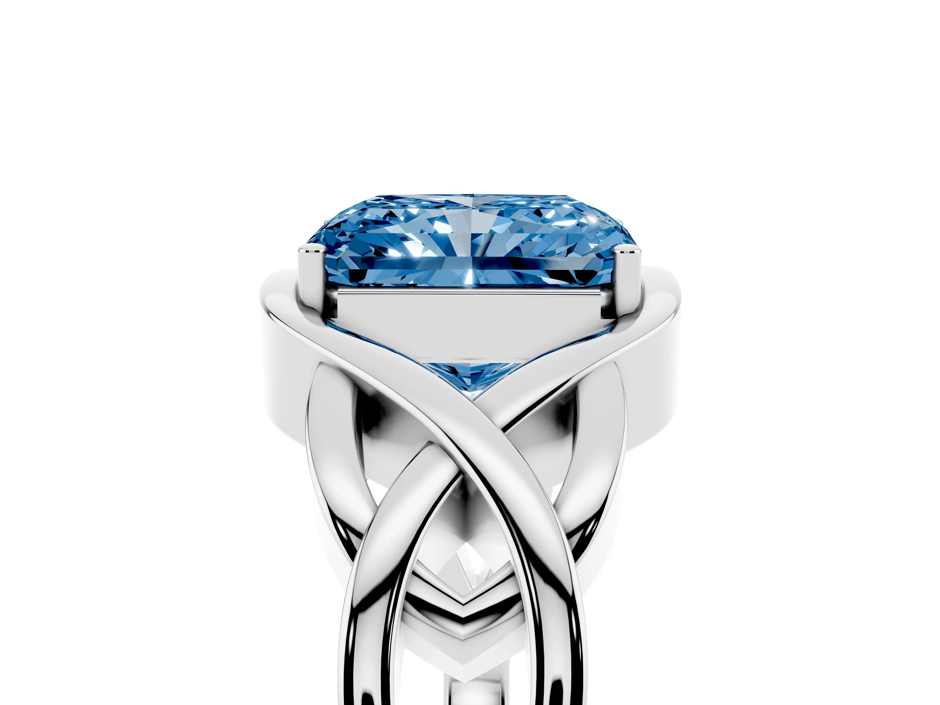 Fancy Blue Radiant Cut Diamond Solitaire Ring Set in Platinum with Intertwined Band