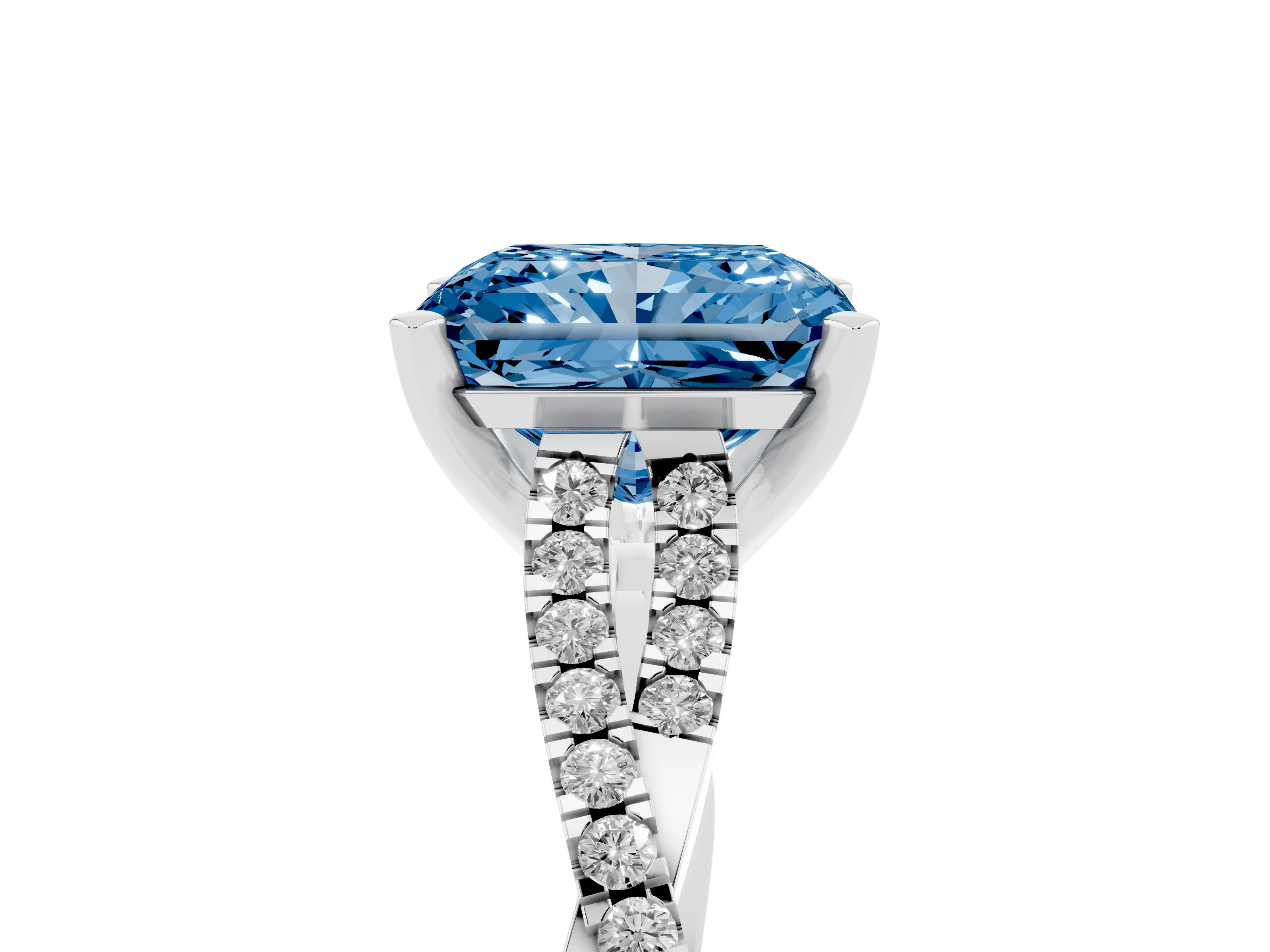 Fancy Blue Radiant Cut Diamond Solitaire Engagement Ring Set in Platinum with Twisted Pavé Band and Prong Setting