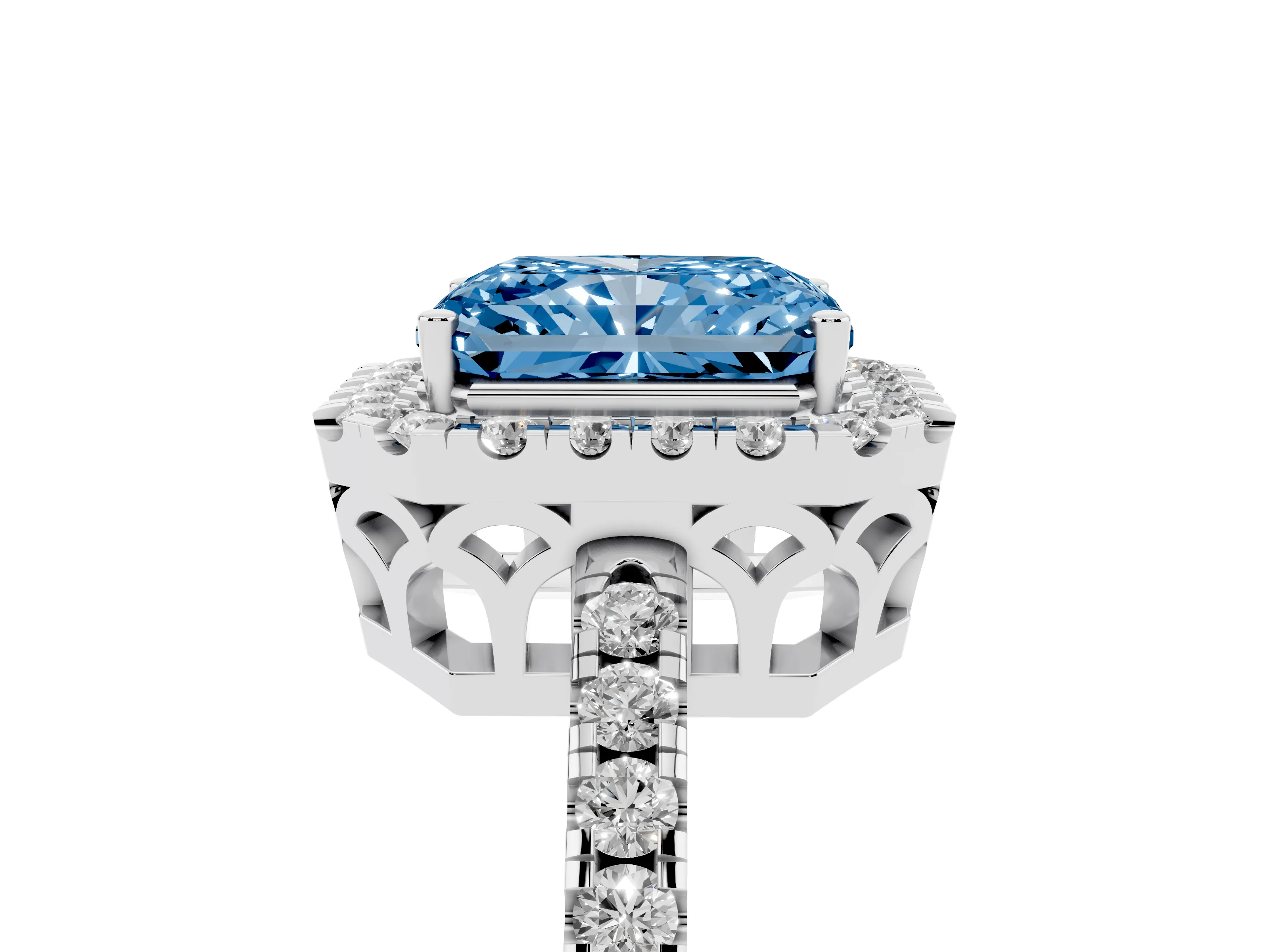 Fancy Blue Radiant Cut Diamond Pavé Band Halo Engagement Ring Set in Platinum with Prong Setting