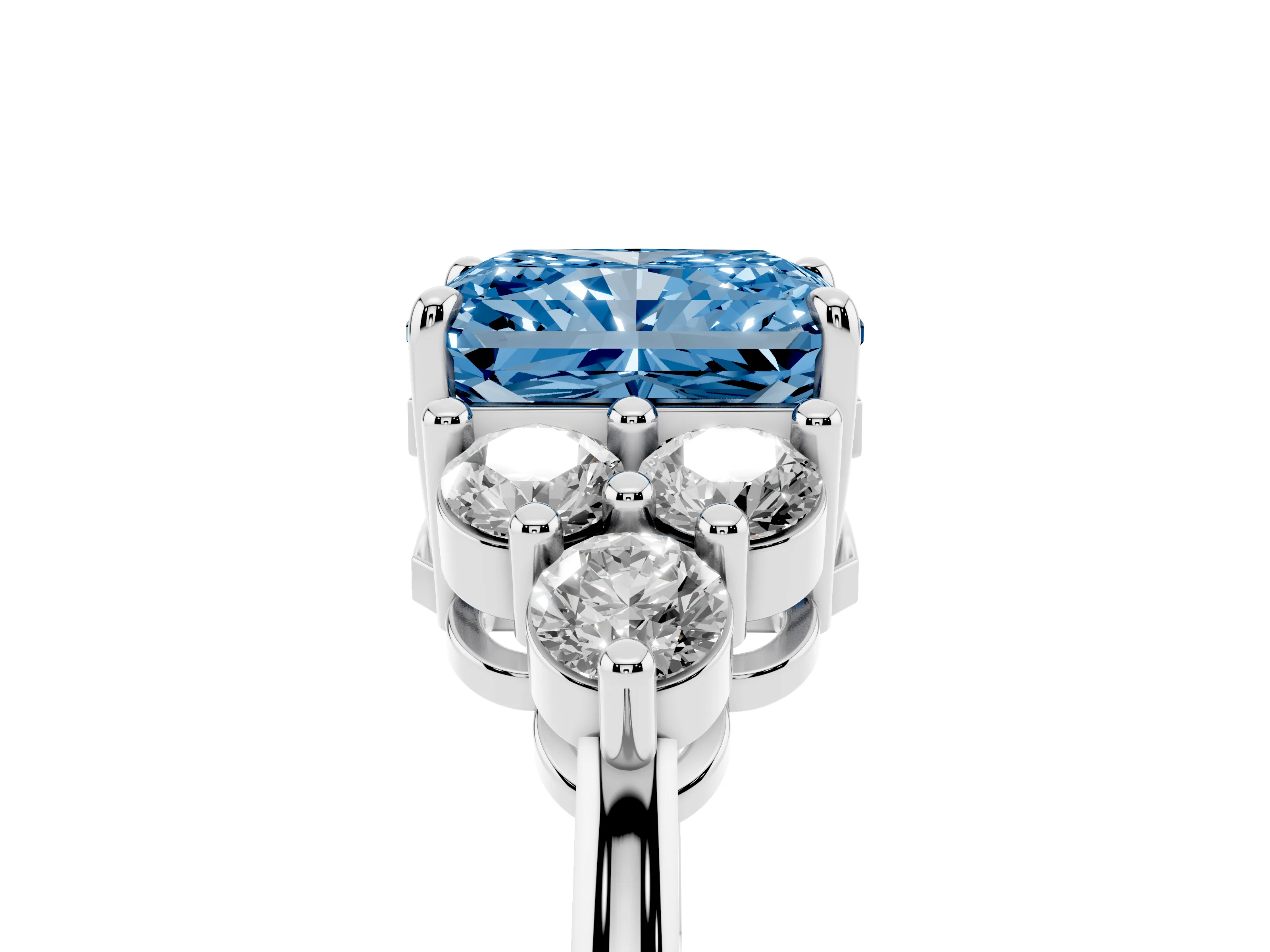 Fancy Blue Radiant Cut Diamond Solitaire Ring Set in White gold with Cluster Accents on Each Side