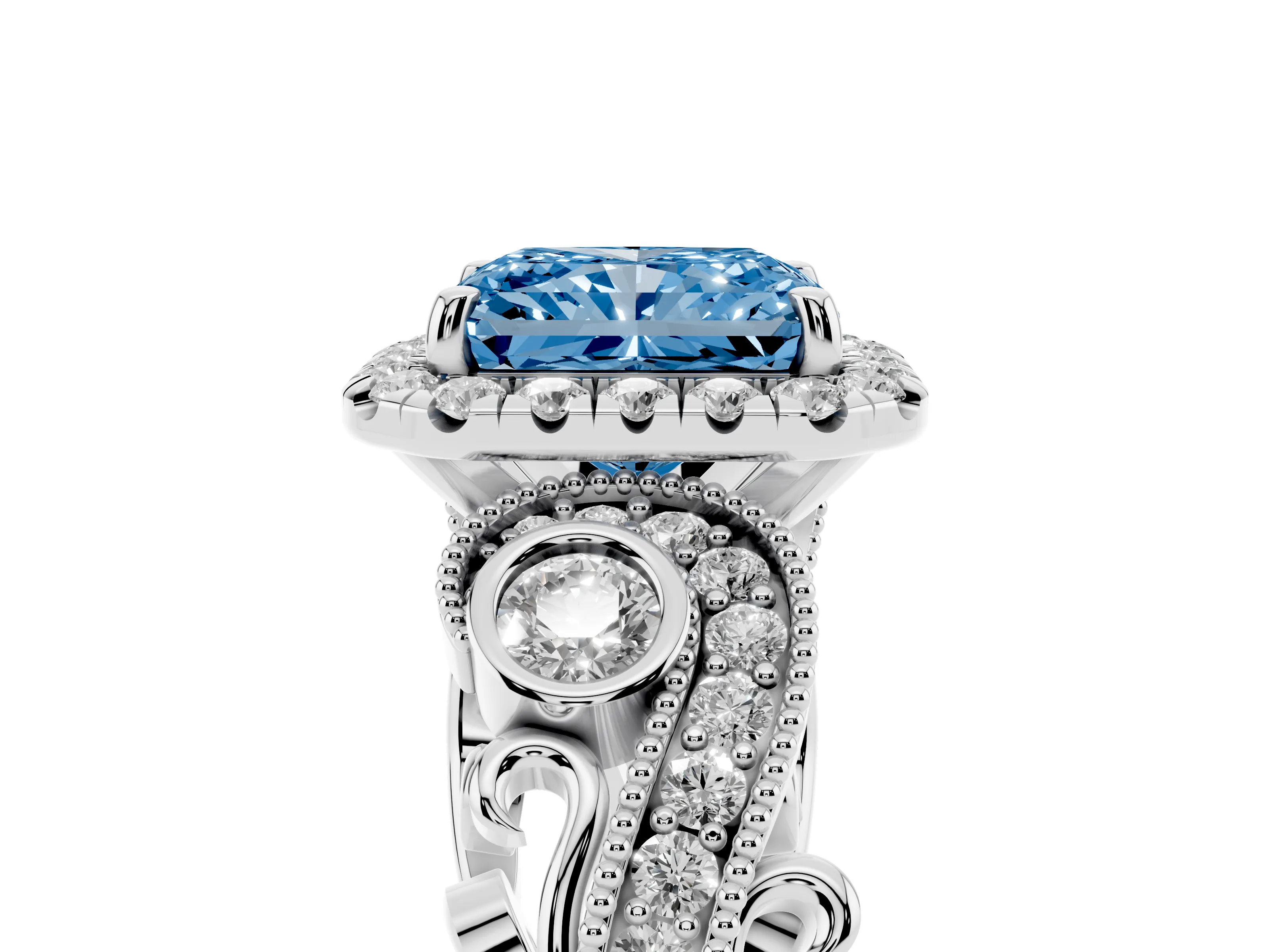 Fancy Blue Radiant Cut Diamond Halo Ring Set in Platinum with Milgrain Pavé Band and Prong Setting