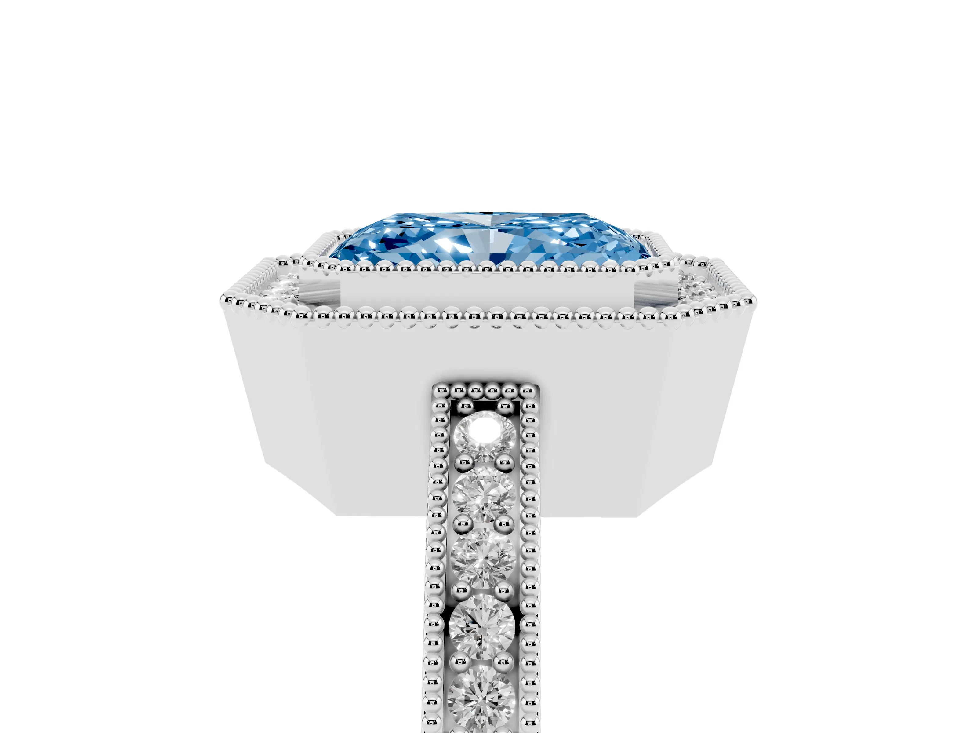 Fancy Blue Radiant Cut Diamond Round Halo Ring Set in White gold with Pavé Band