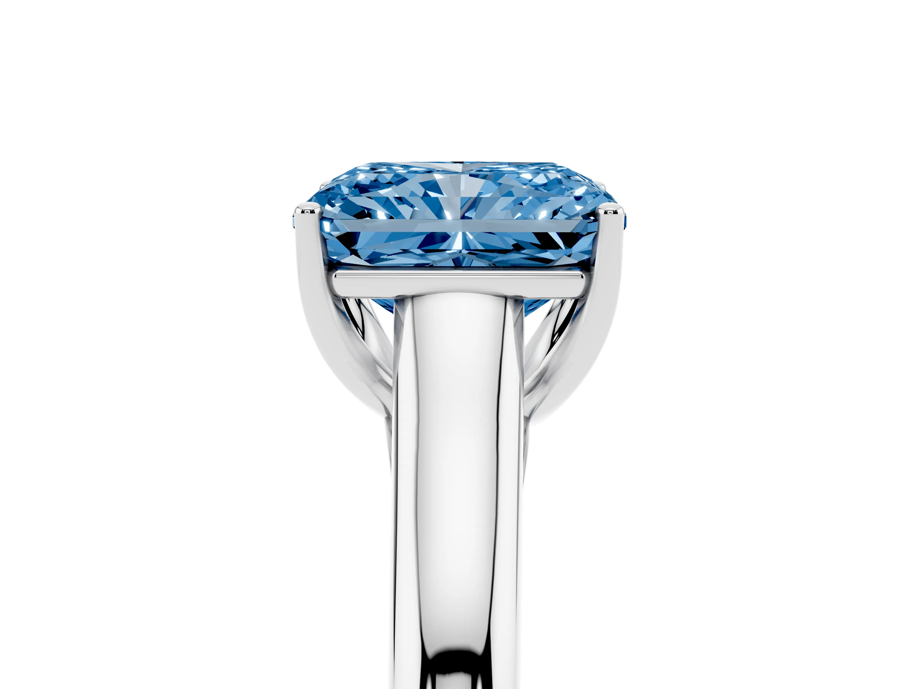 Fancy Blue Radiant Cut Diamond Solitaire Engagement Ring Set in Silver with Subtly Tapered Band and Prong Setting