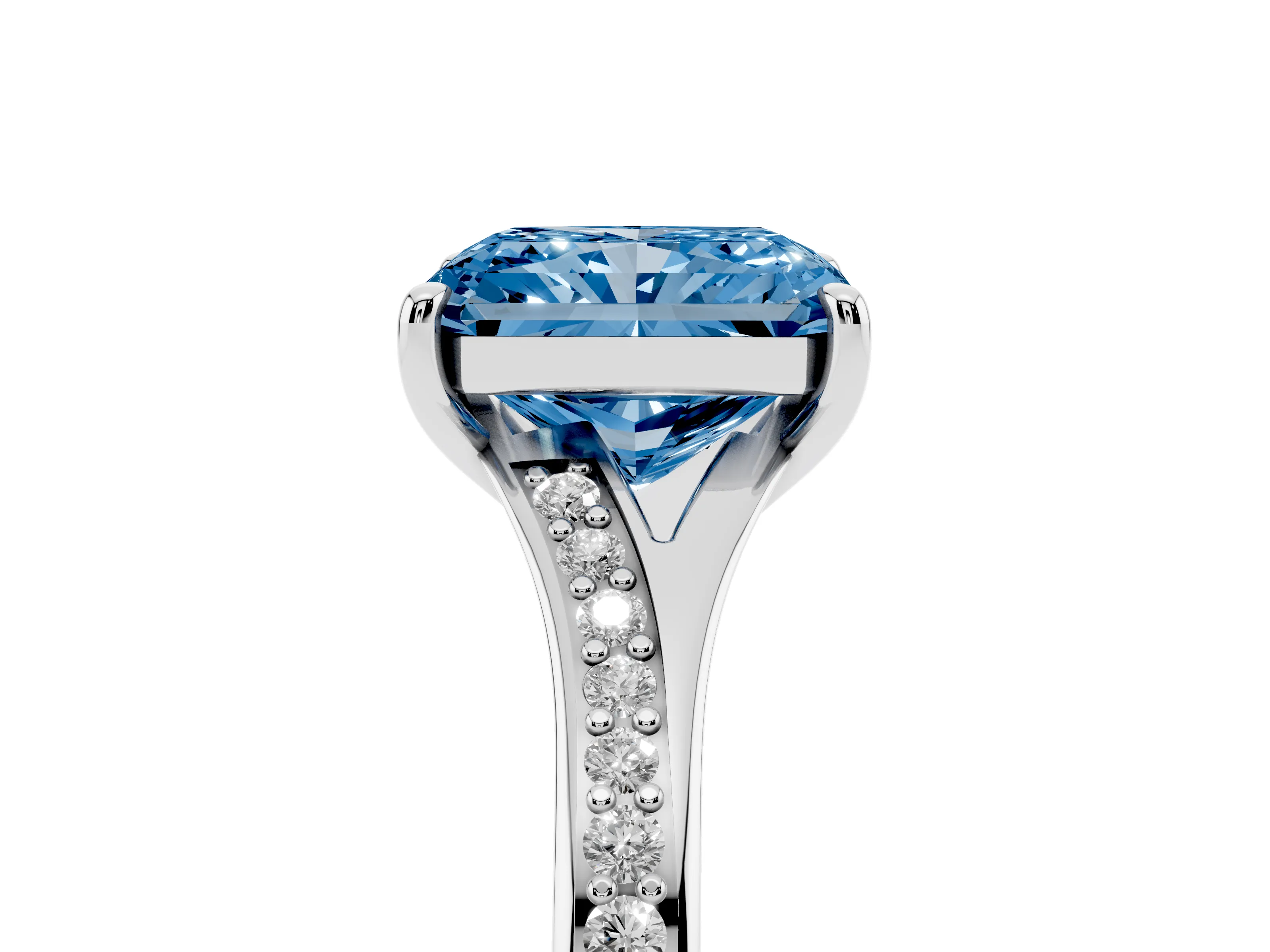 Fancy Blue Radiant Cut Diamond Solitaire Ring Set in Platinum with Pavé Accent Band and Classic Prong Setting