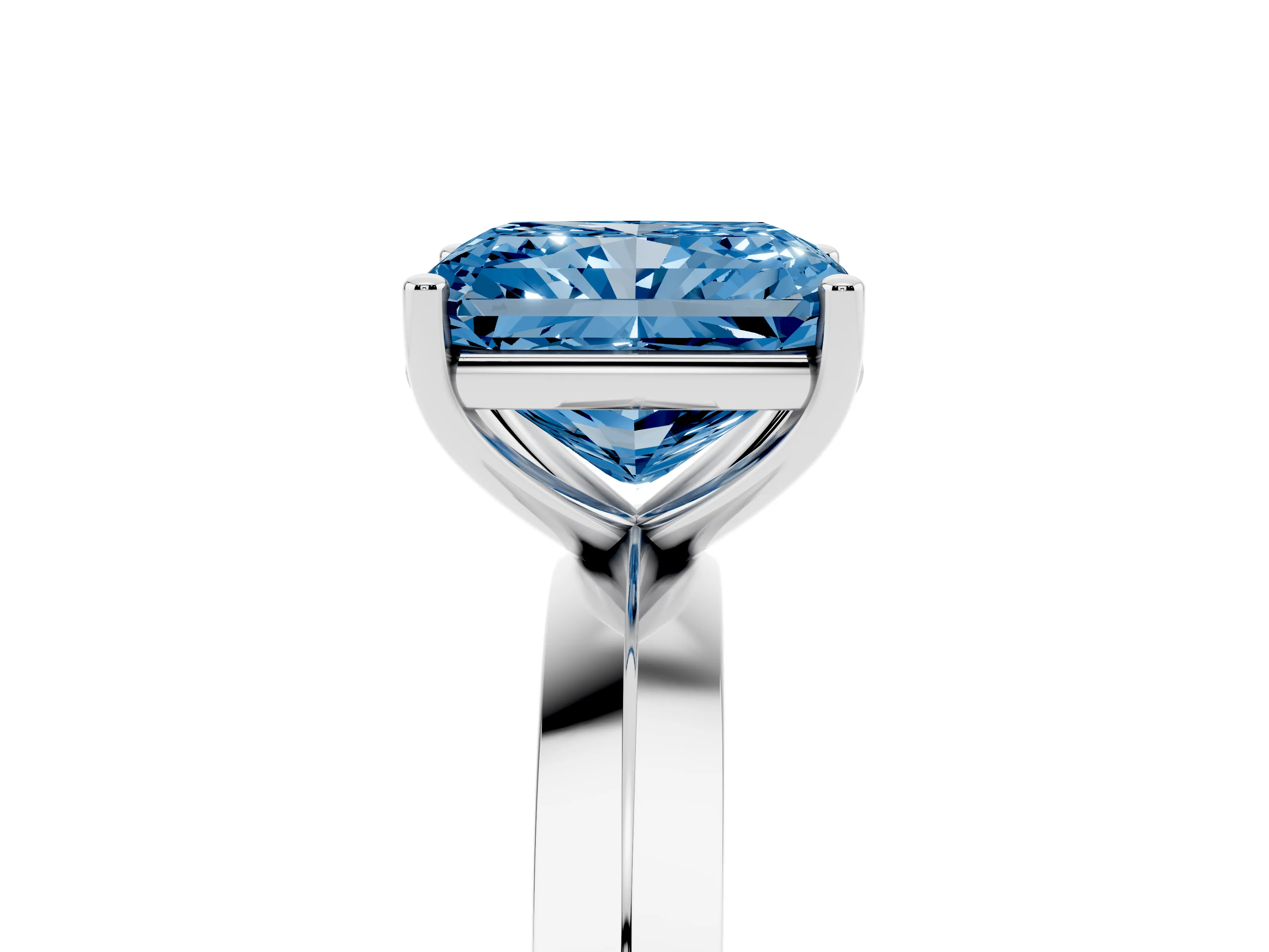 Fancy Blue Radiant Cut Diamond Solitaire Engagement Ring Set in Silver with Flat Band and Prong Setting