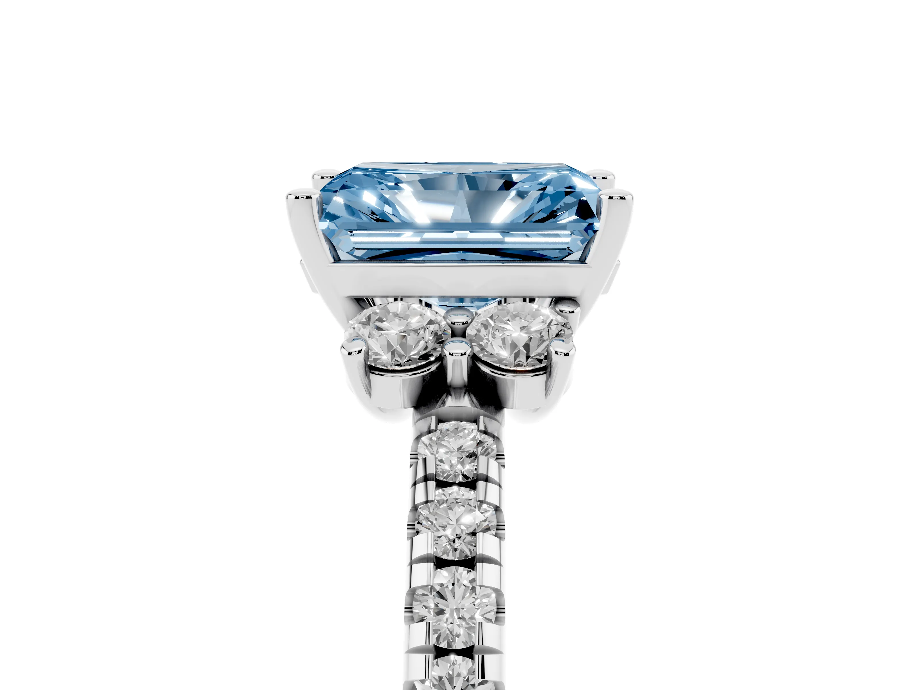 Fancy Blue Radiant Cut Diamond Three-Stone Pavé Ring Set in Silver with Prong Setting