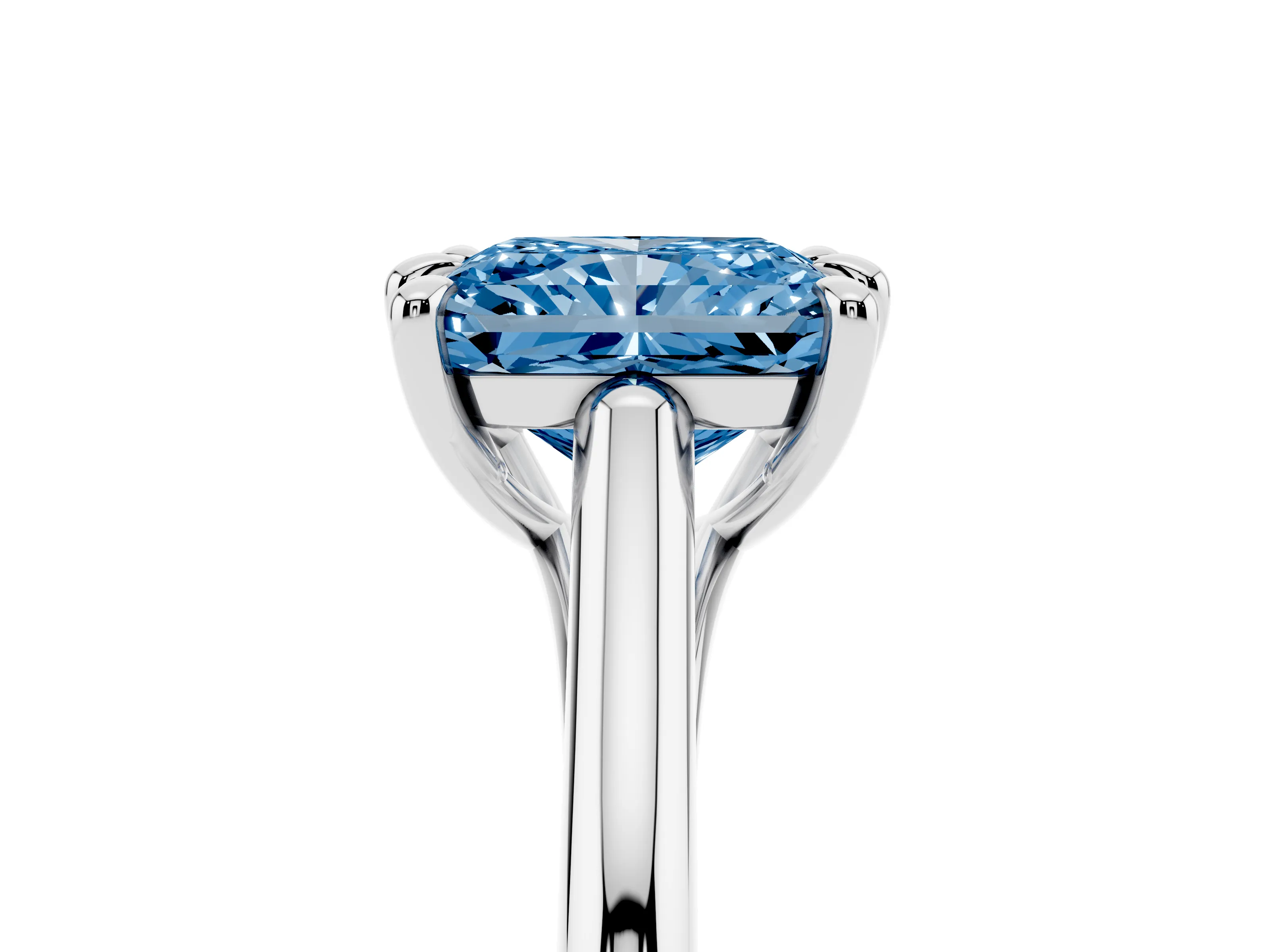 Fancy Blue Radiant Cut Diamond Solitaire Engagement Ring Set in White gold with Prong Setting and Plain Classic Band