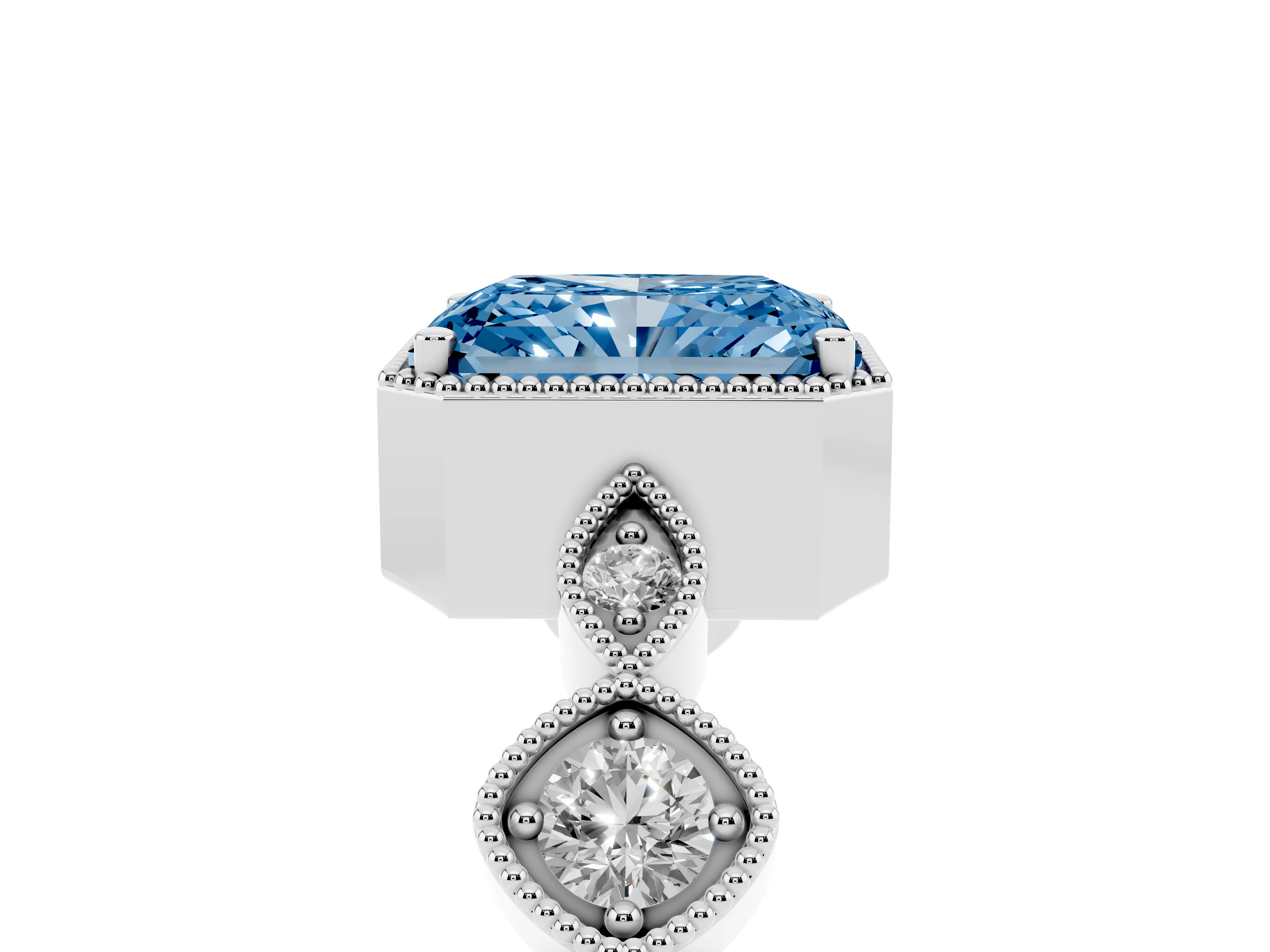 Fancy Blue Radiant Cut Diamond Vintage-Inspired Milgrain Ring Set in Platinum with Marquise Stations of Round Accents