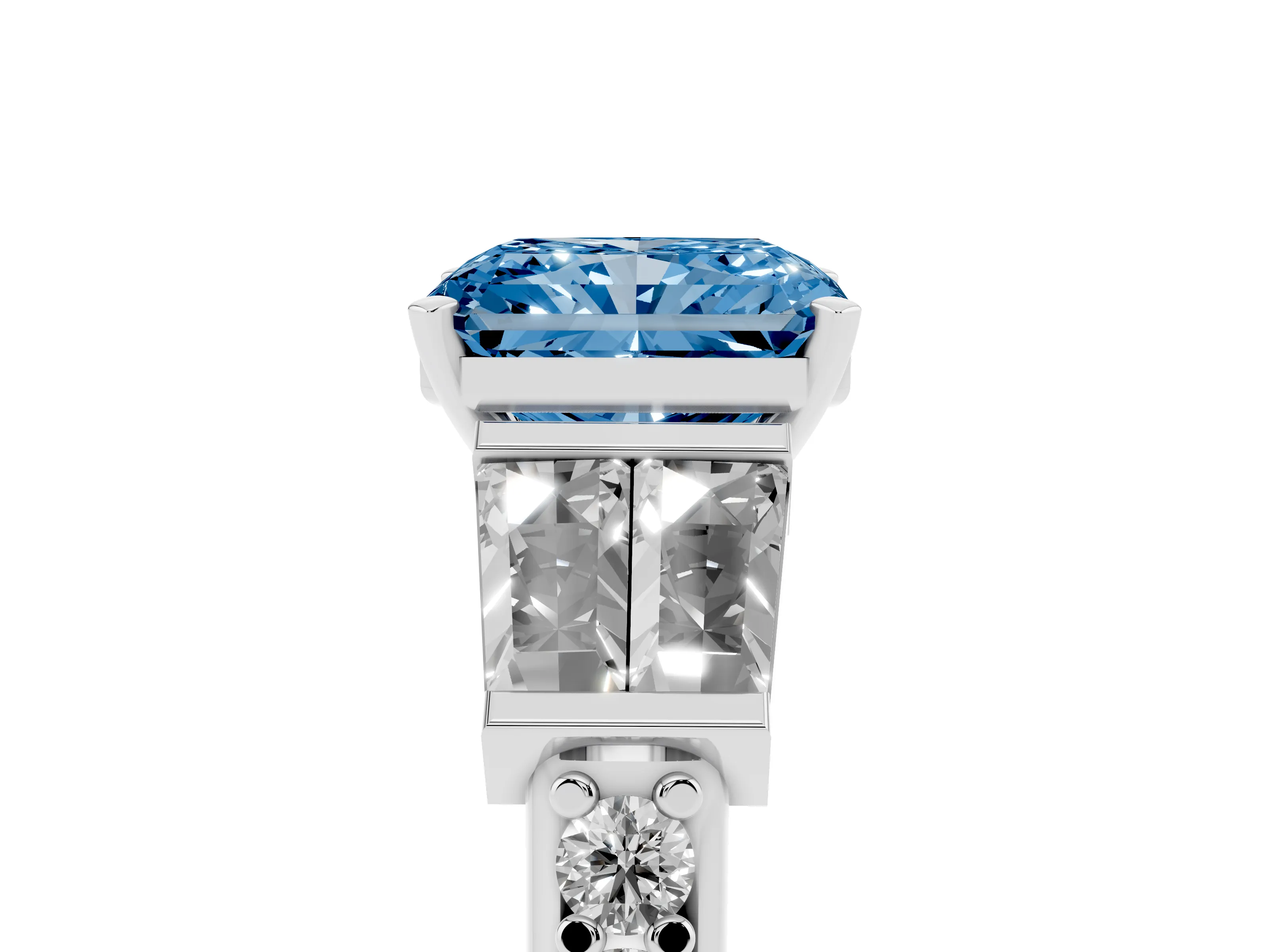 Fancy Blue Radiant Cut Diamond Engagement Ring Set in Silver with Baguette Side Stones and Channel Set Band