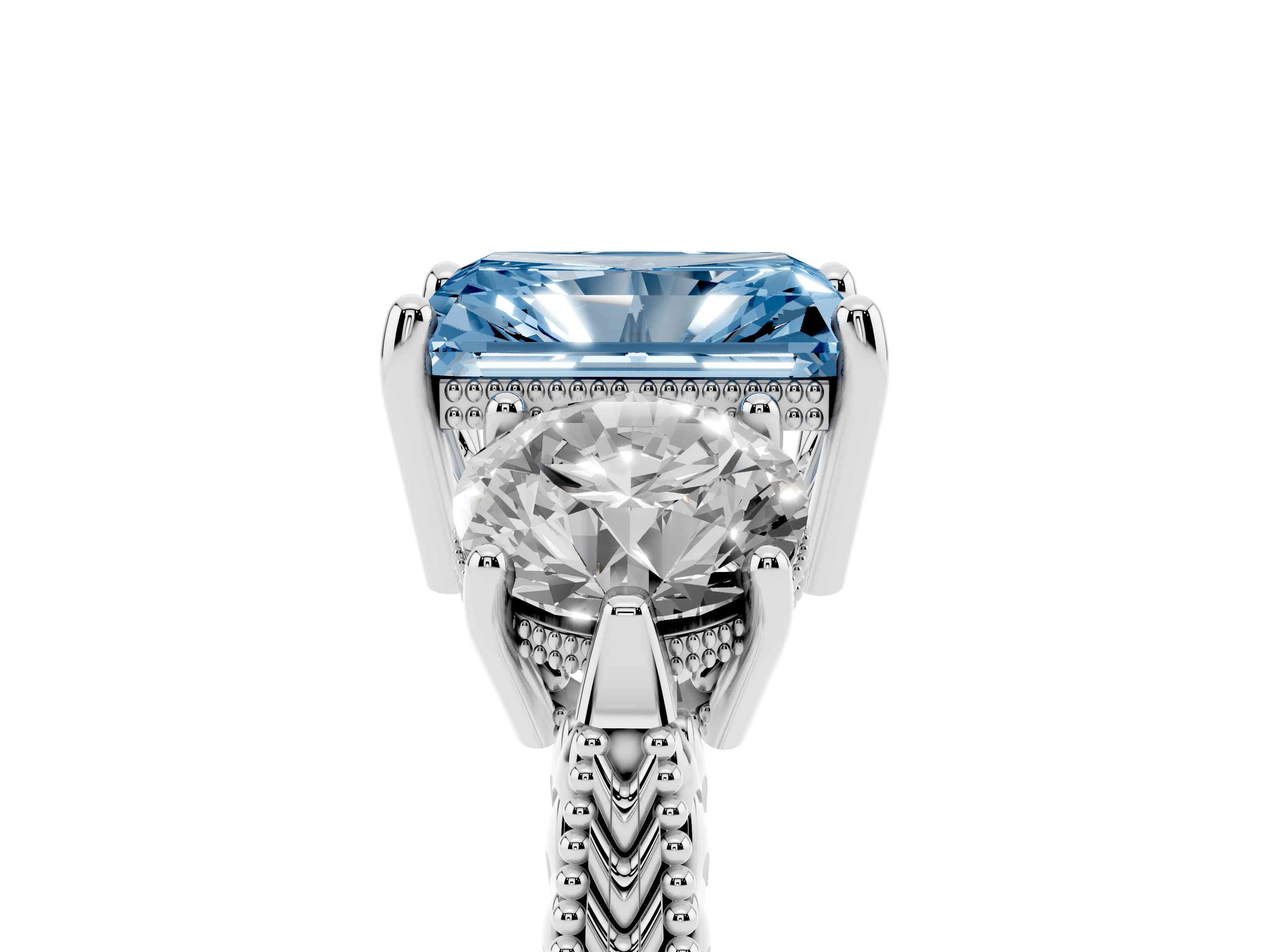 Fancy Blue Radiant Cut Diamond Three-Stone Ring Set in White gold with Milgrain Band