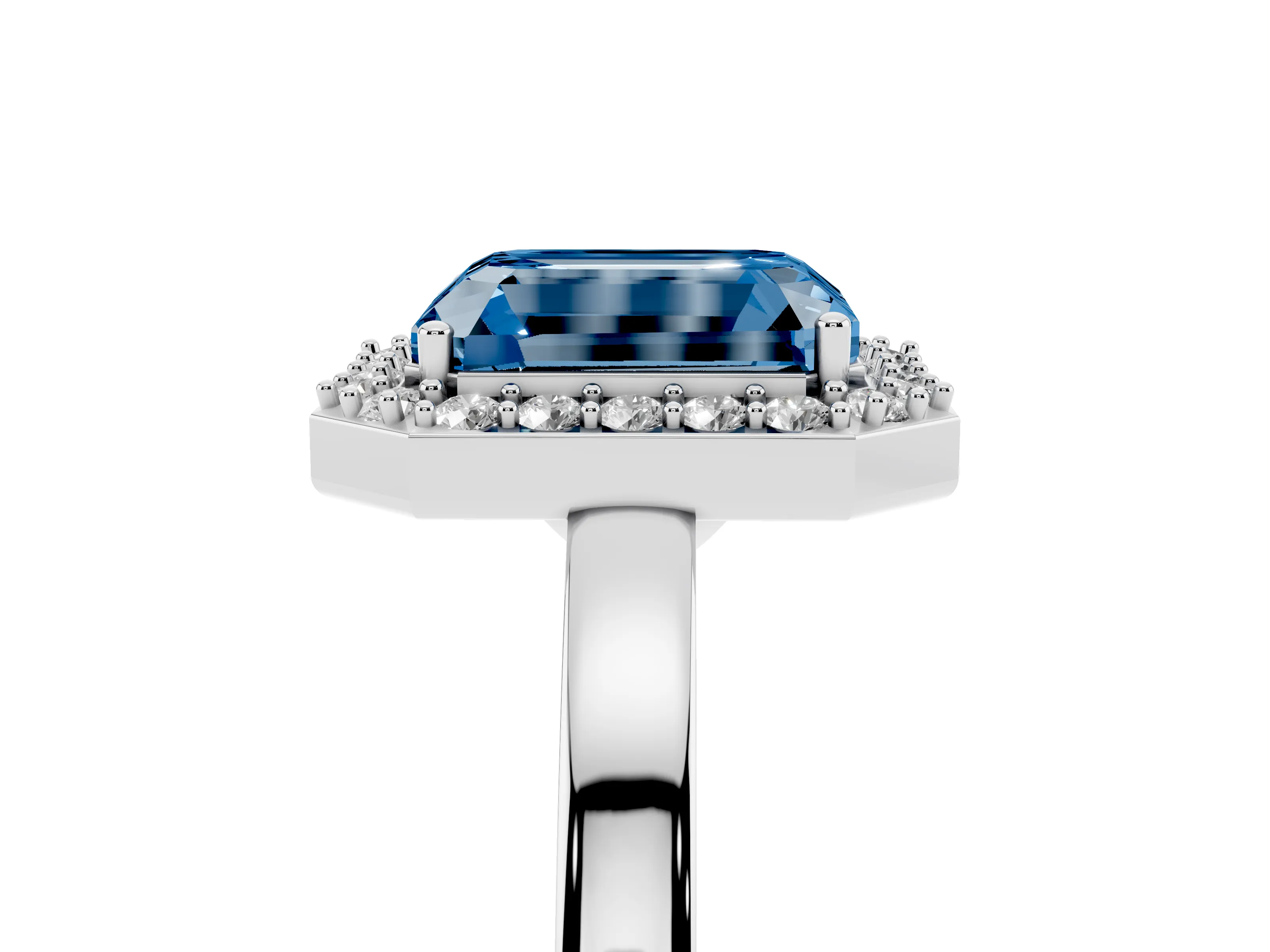 Fancy Blue Radiant Cut Diamond Halo Ring Set in Platinum with Solitaire Band and Prong Setting