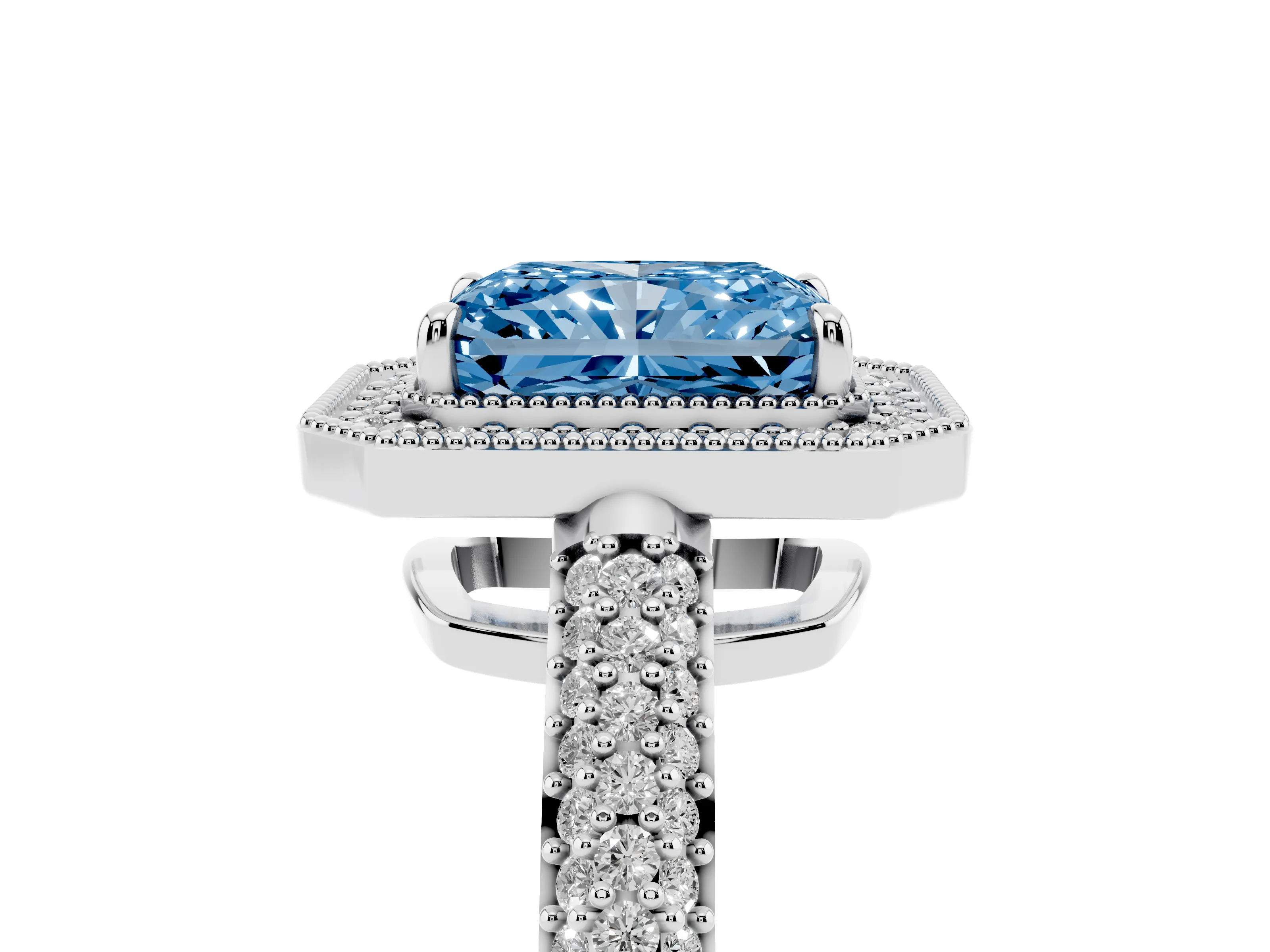 Fancy Blue Radiant Cut Diamond Halo Pavé Band Set in White gold with Prong Setting