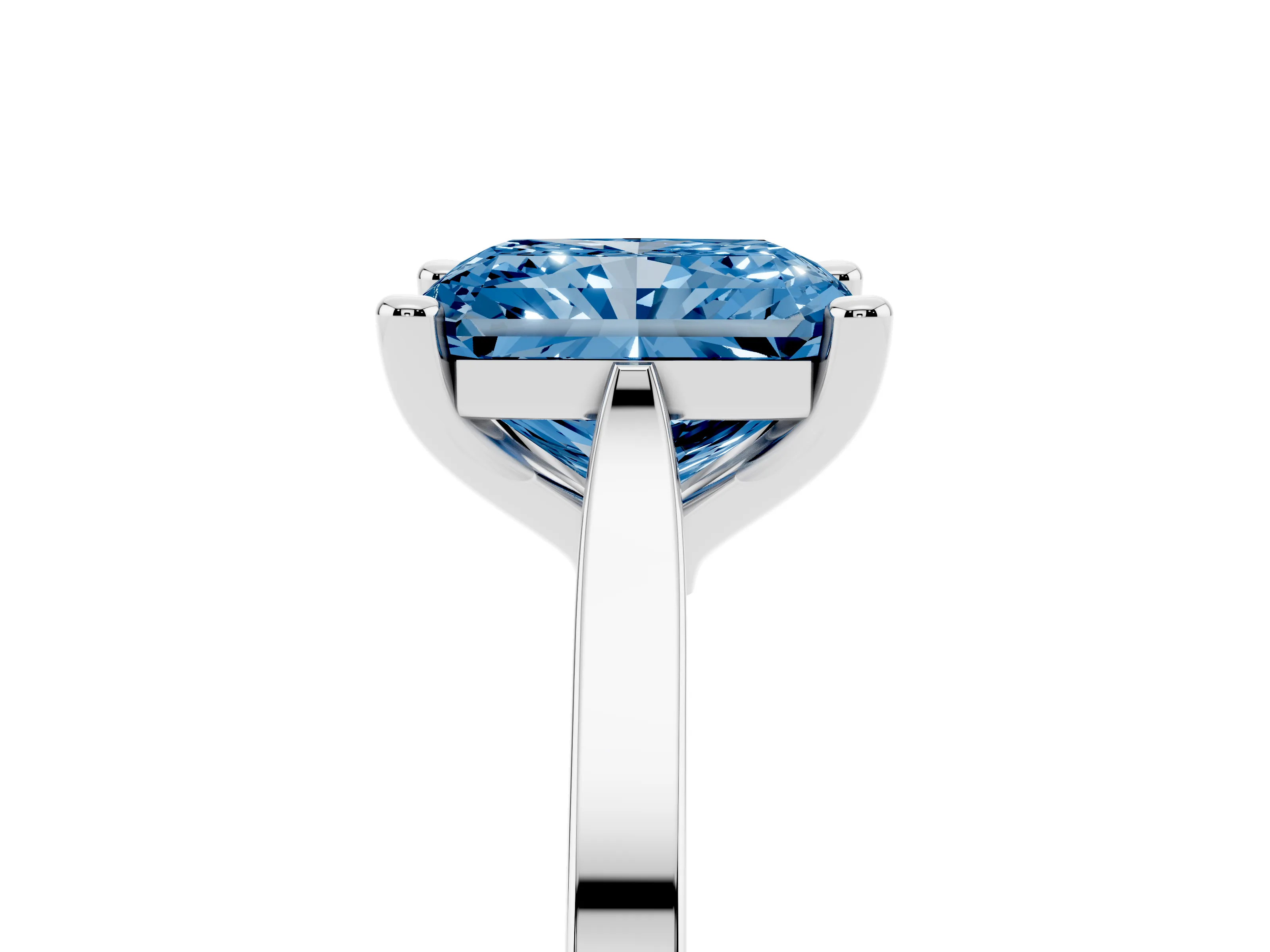 Fancy Blue Radiant Cut Diamond Solitaire Ring Set in White gold with Prong Setting and Tapered Band