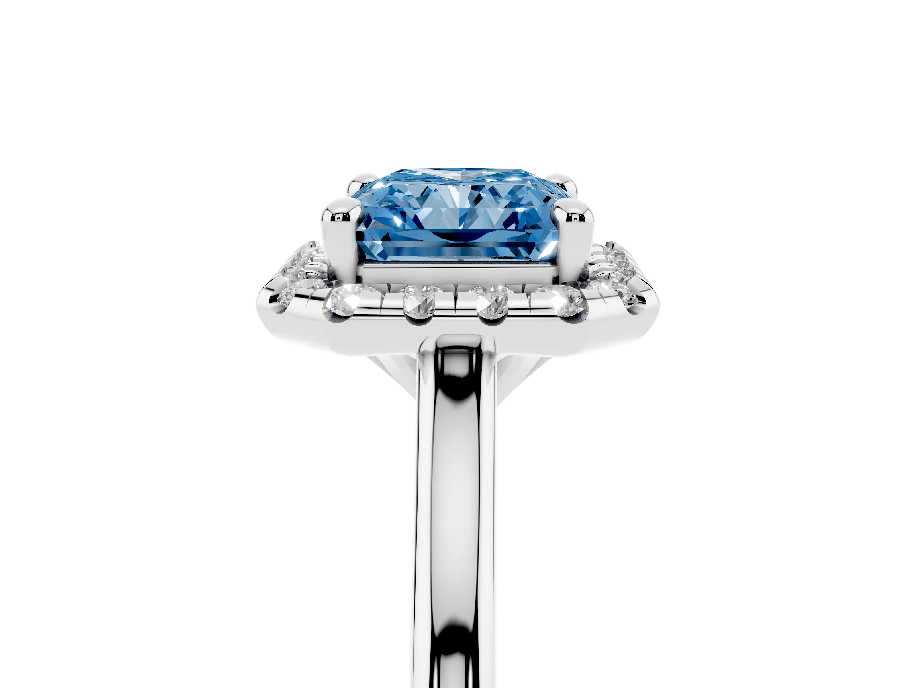 Fancy Blue Radiant Cut Diamond Halo Engagement Ring Set in Silver with Pavé Band and Rising Shoulders