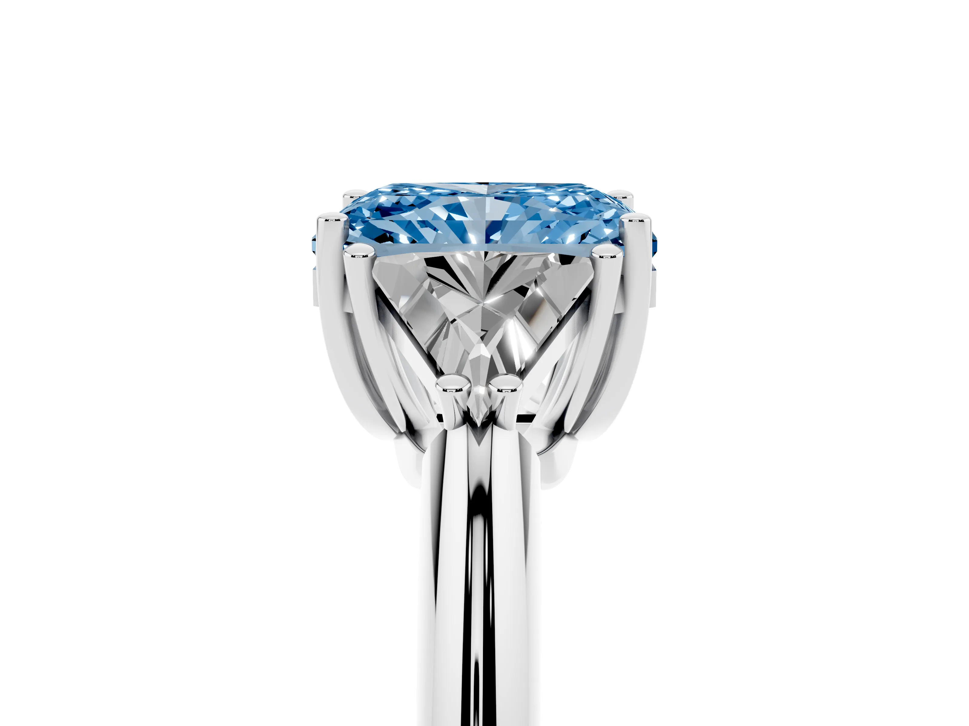 Fancy Blue Radiant Cut Diamond Three-Stone Engagement Ring Set in Silver with Trillion Side Stones
