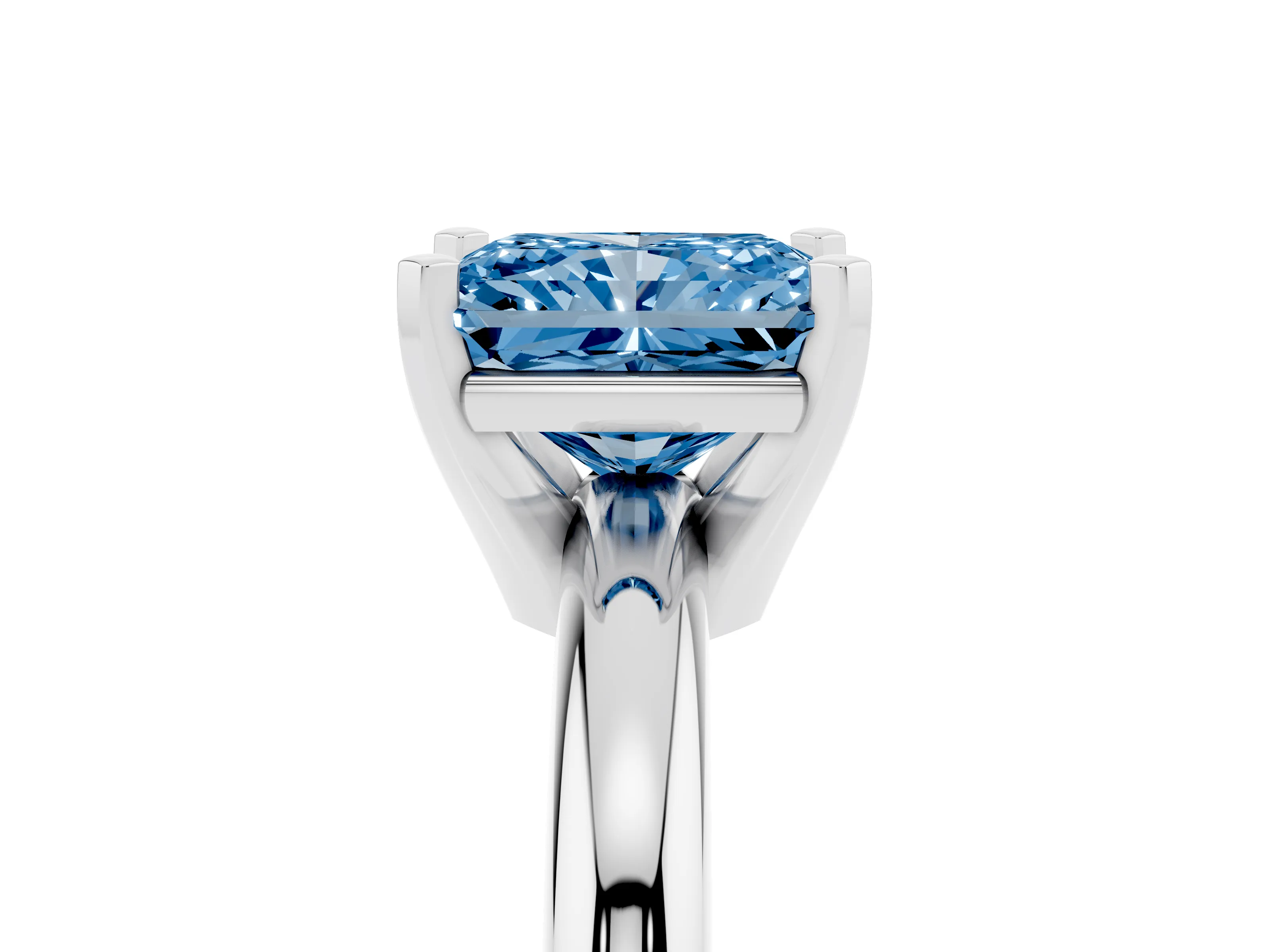 Fancy Blue Radiant Cut Diamond Solitaire Engagement Ring Set in Platinum with Round Band and Prong Setting
