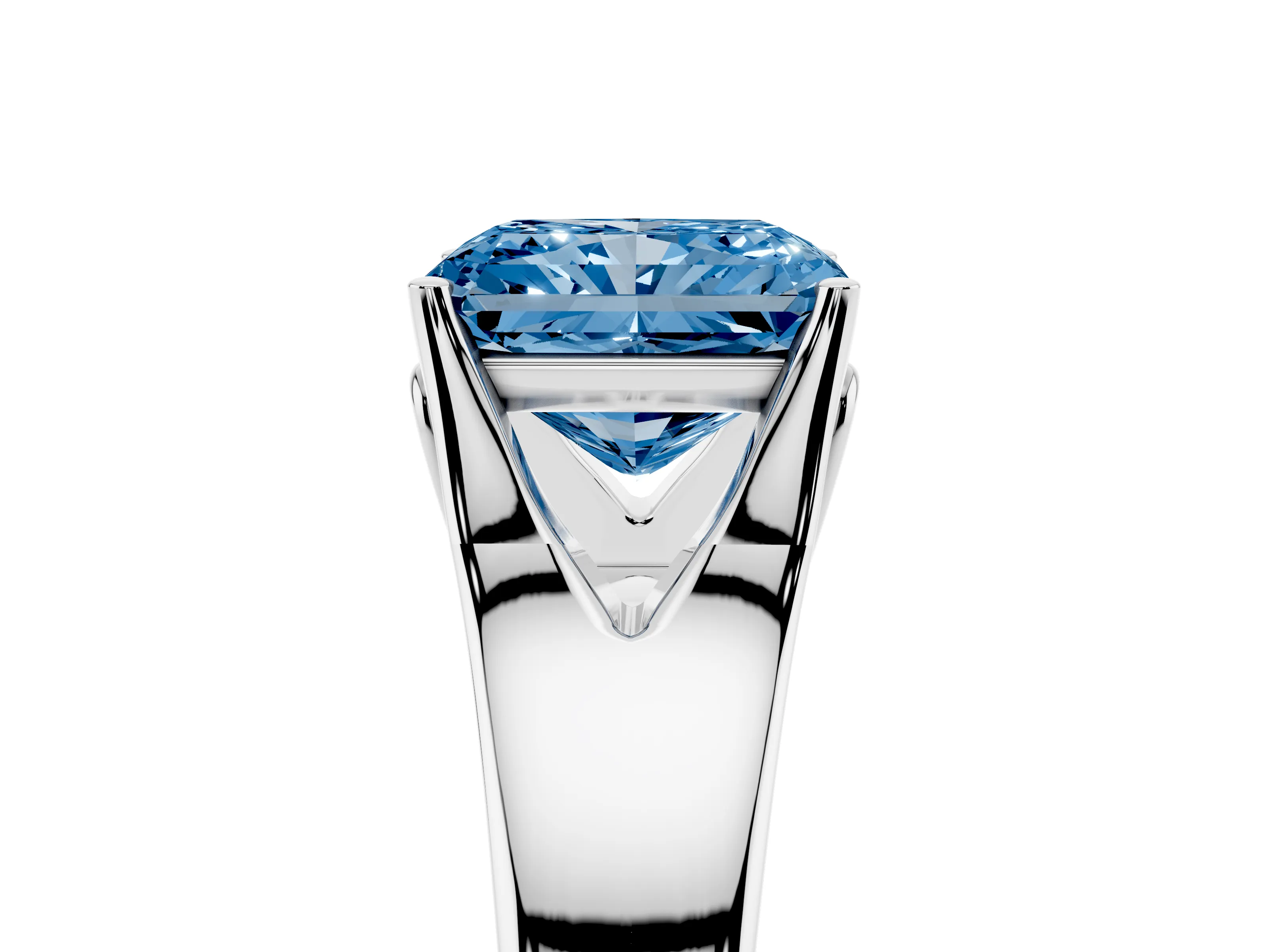 Fancy Blue Radiant Cut Diamond Solitaire Ring Set in Platinum with Arched Cathedral Band and Prong Setting