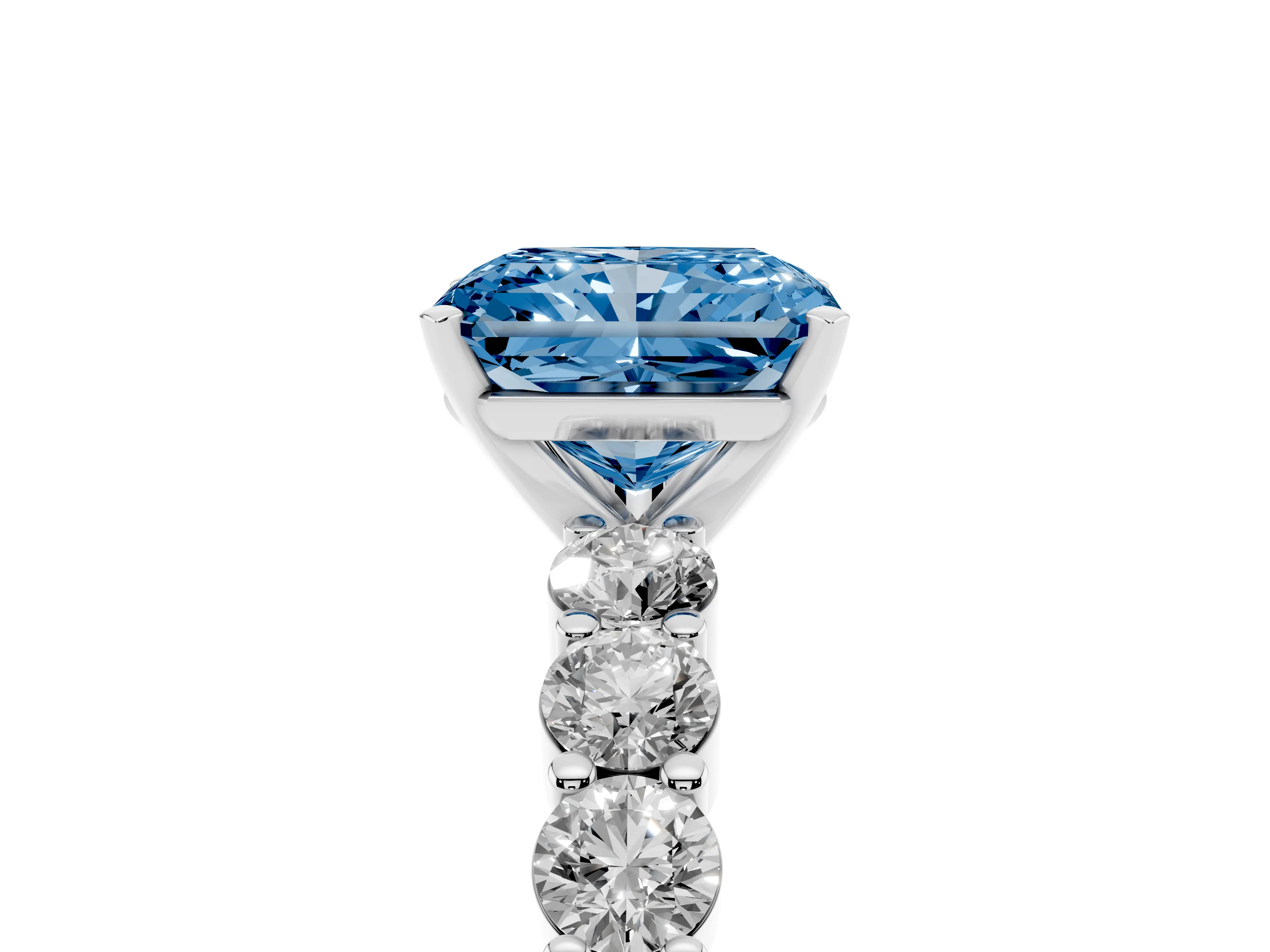 Fancy Blue Radiant Cut Diamond Solitaire Ring Set in Silver with Shared Prong Round Side Stones