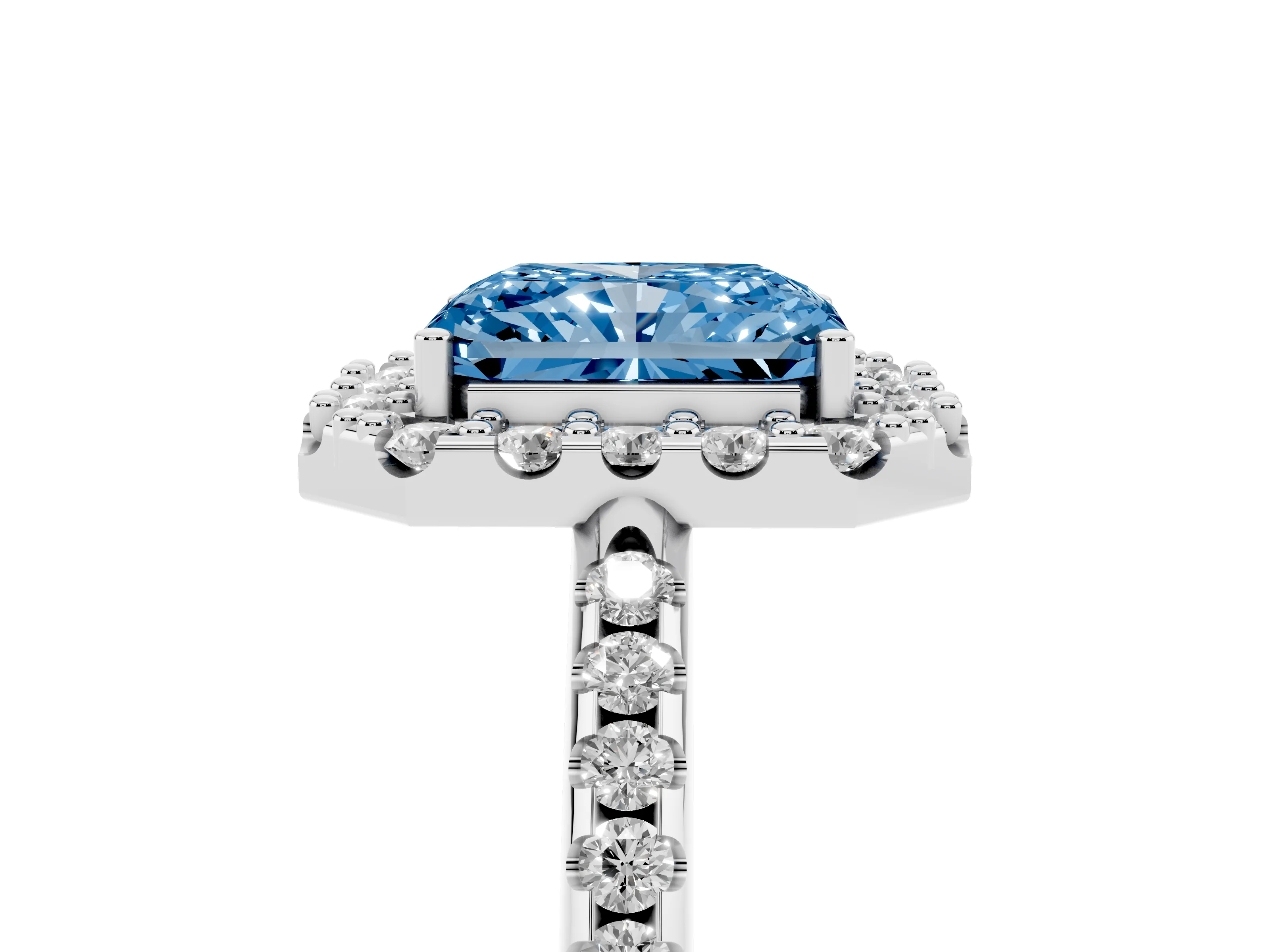 Fancy Blue Radiant Cut Diamond Pavé Halo Ring Set in Silver with Prong Setting