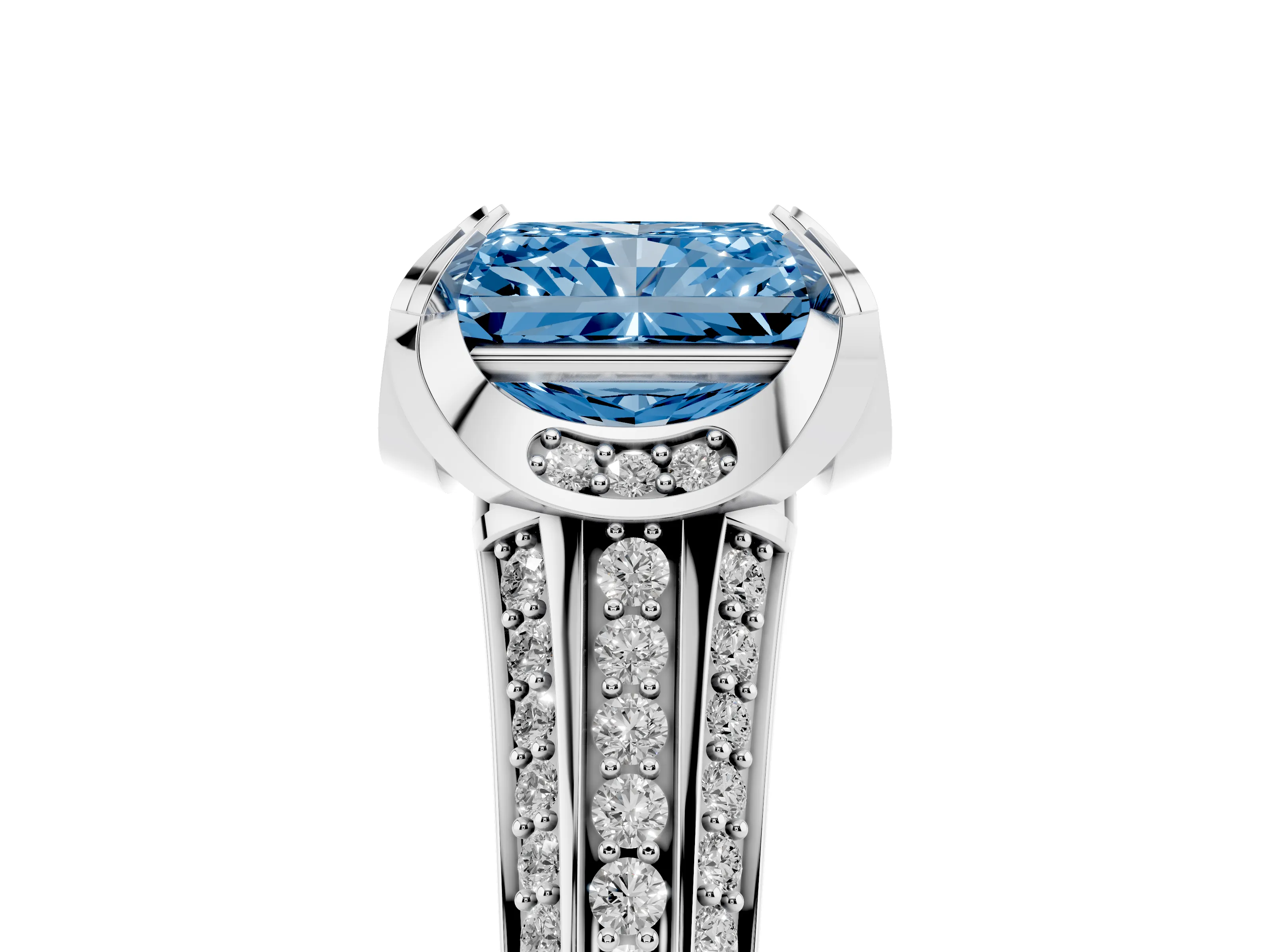 Fancy Blue Radiant Cut Diamond Pavé Split Shank Solitaire Ring Set in Silver with Prong Setting