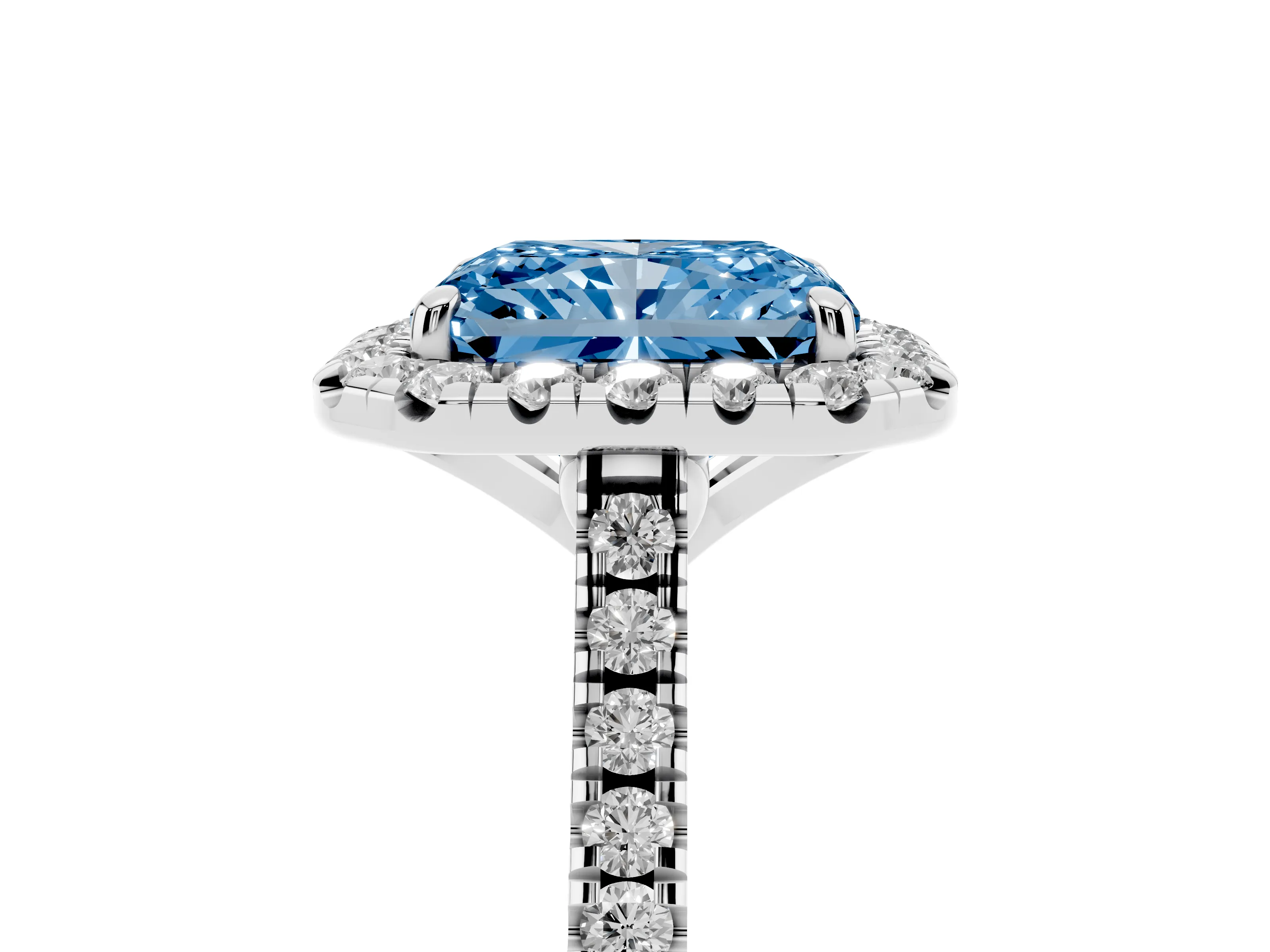 Fancy Blue Radiant Cut Diamond Cushion Halo Ring Set in Silver with Pavé Band