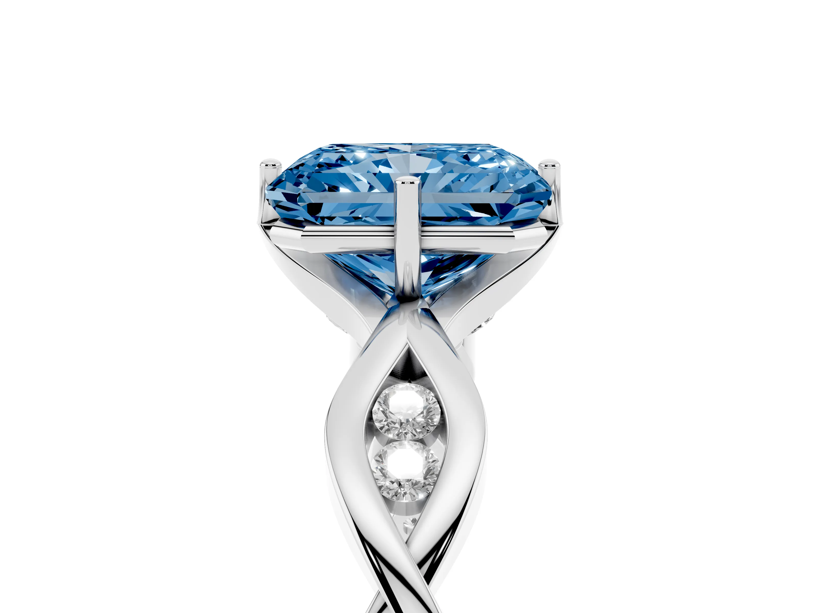 Fancy Blue Radiant Cut Diamond Twist Band Solitaire Ring Set in White gold with Leaf Prong Setting and Accent Stones