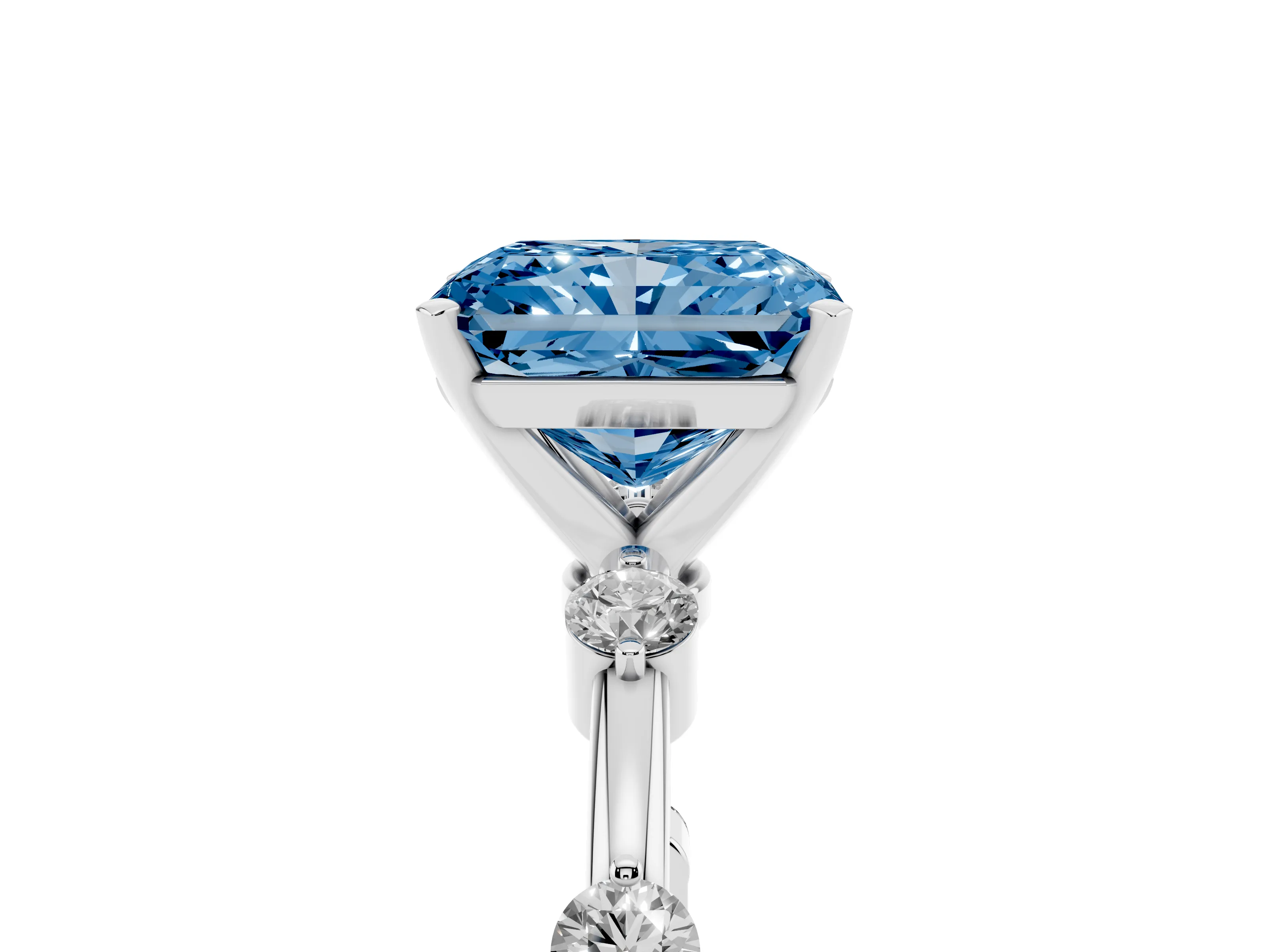 Fancy Blue Radiant Cut Diamond Solitaire Ring Set in Silver with Bezel Set Side Stones and Prong Setting
