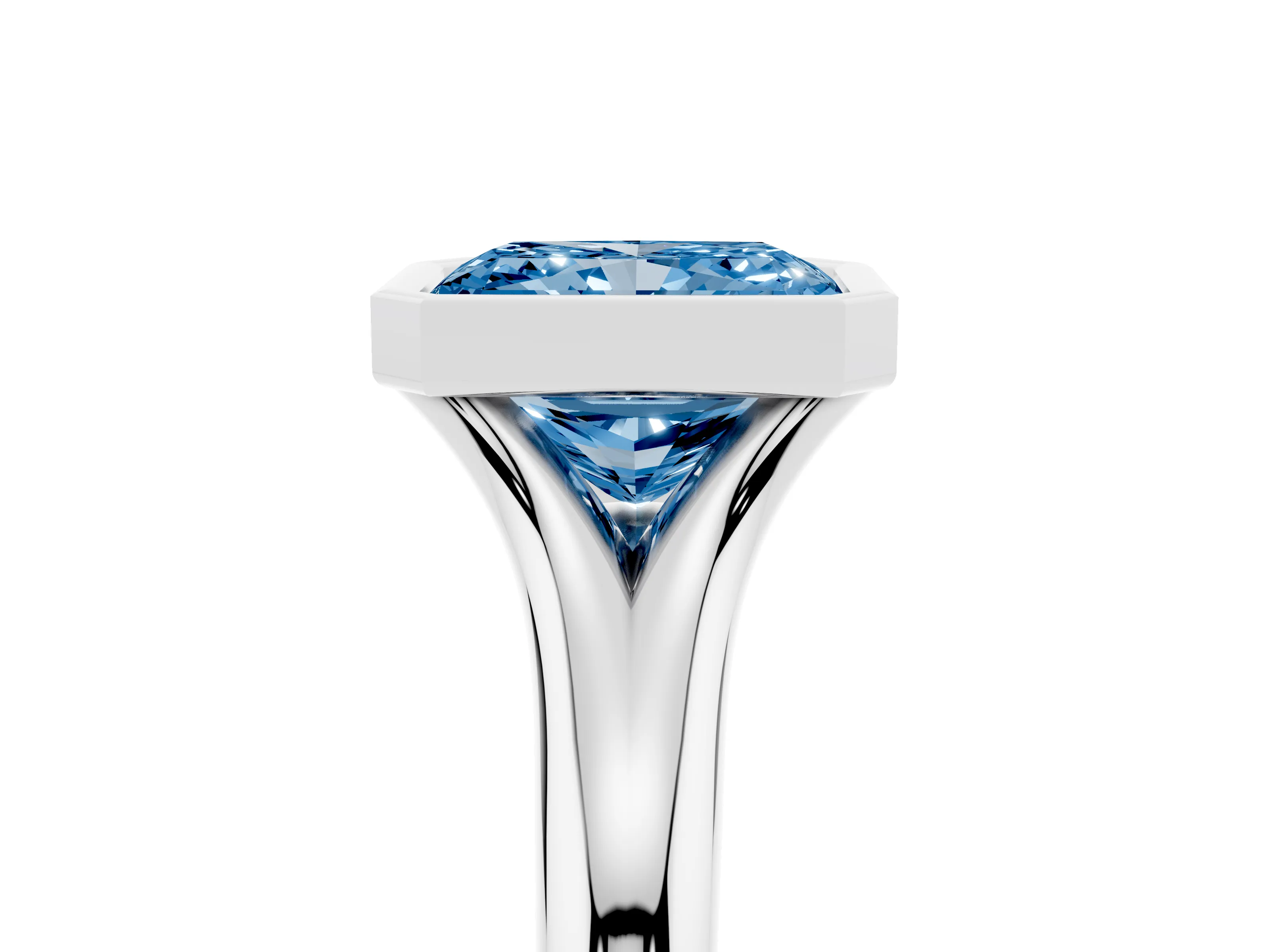 Fancy Blue Bezel Set Radiant Cut Diamond Solitaire Ring Set in Silver with Smooth Band