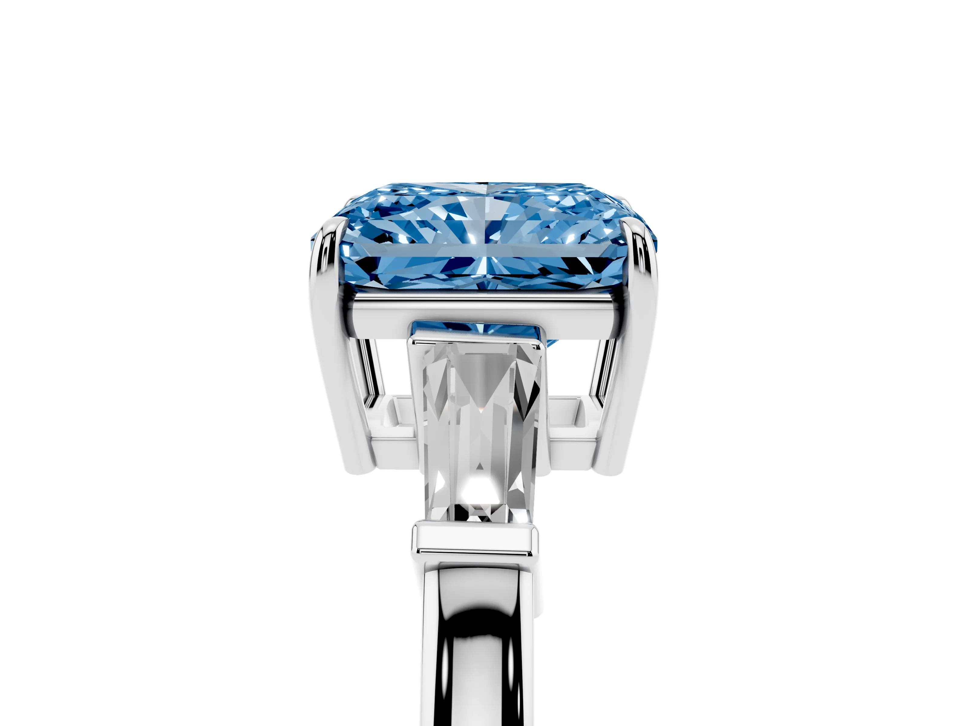 Fancy Blue Radiant Cut Diamond Three-Stone Ring Set in Silver with Tapered Baguette Side Stones and Prong Setting