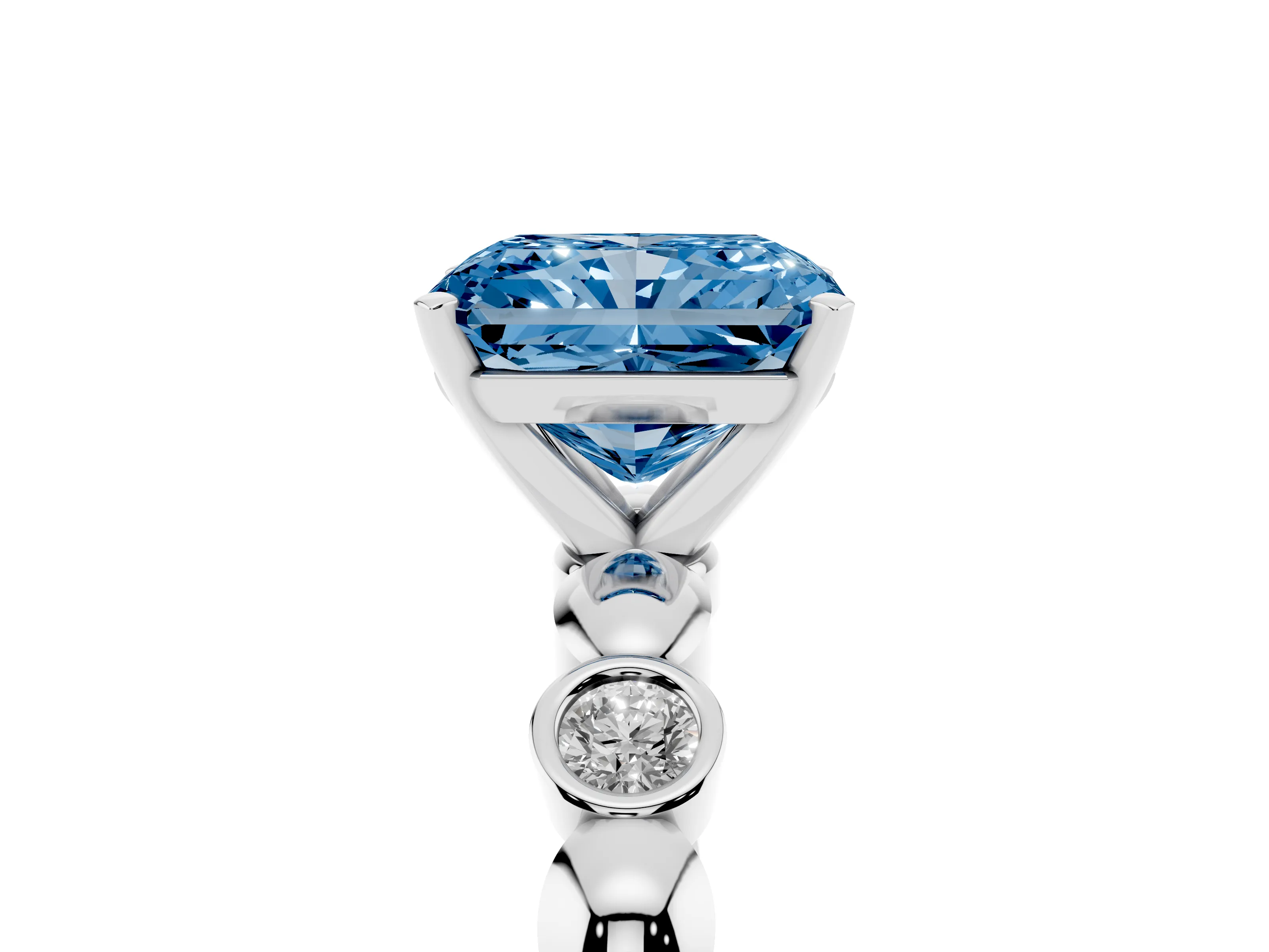Fancy Blue Radiant Cut Diamond Solitaire Ring Set in White gold with Bezel-Set Accents on Beaded Band and Prong Setting