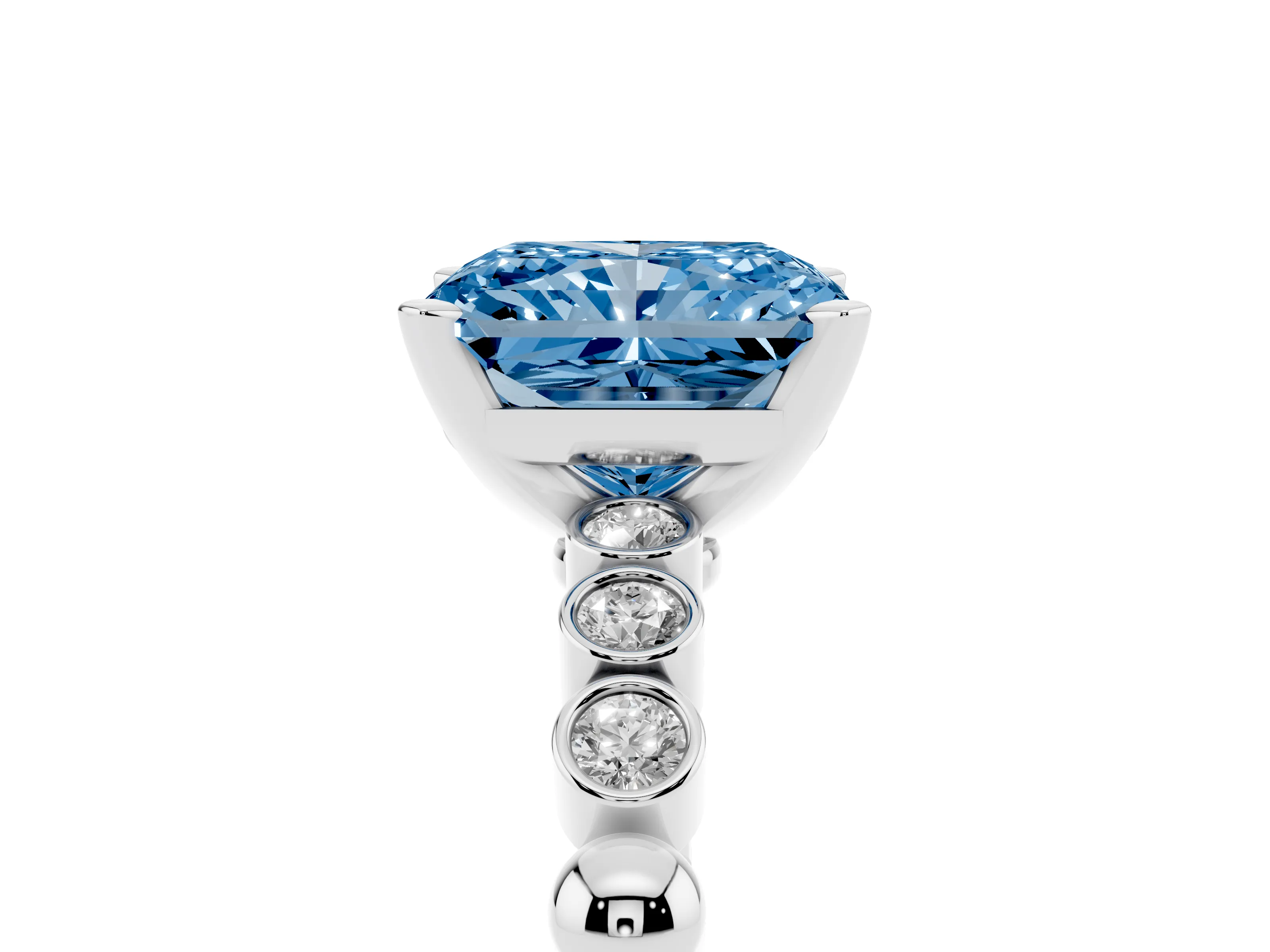 Fancy Blue Radiant Cut Diamond Solitaire Engagement Ring Set in Platinum with Bezel Accents on Beaded Band