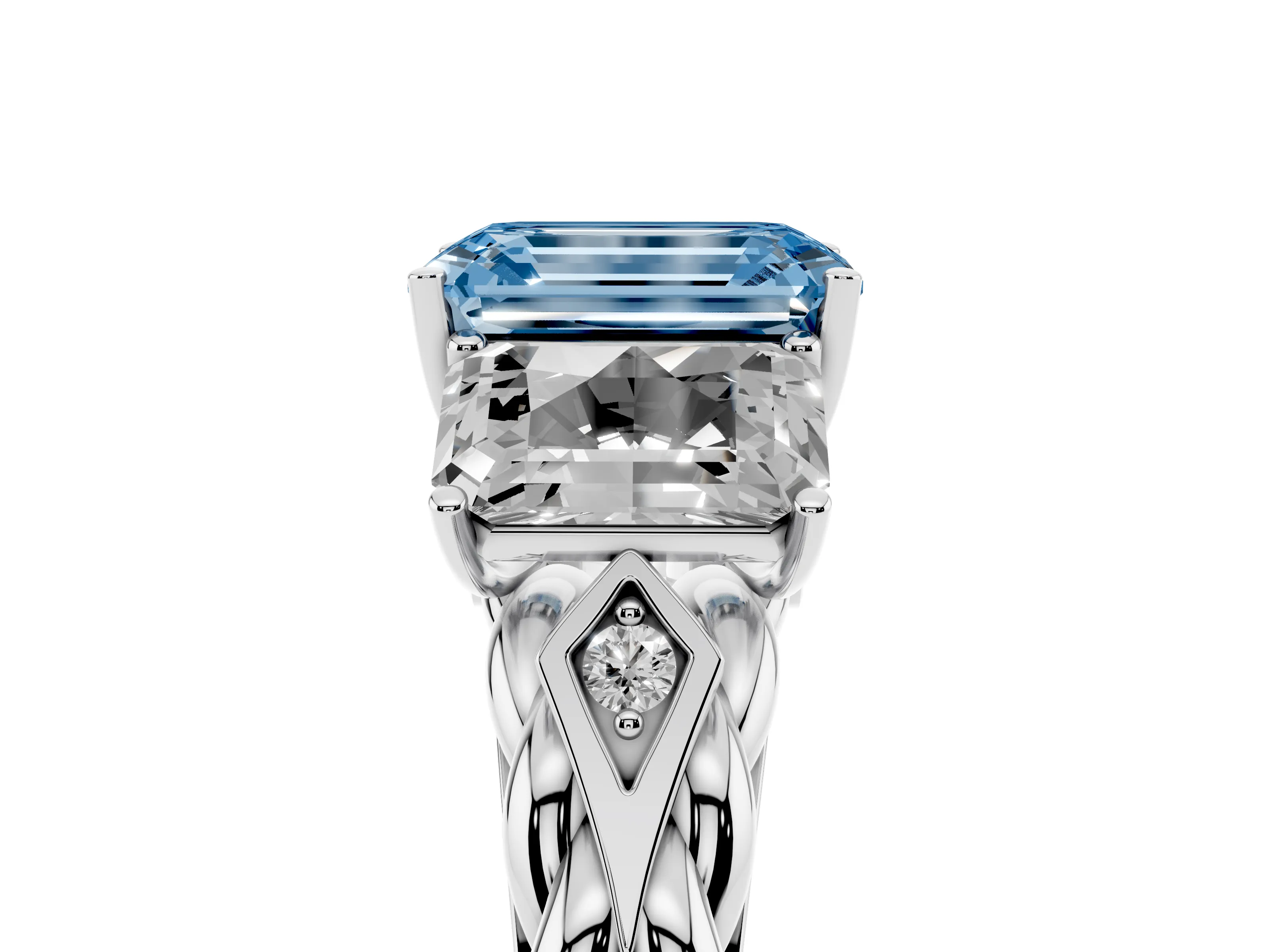 Fancy Blue Radiant Cut Diamond Three-Stone Ring Set in Silver with Braided Band