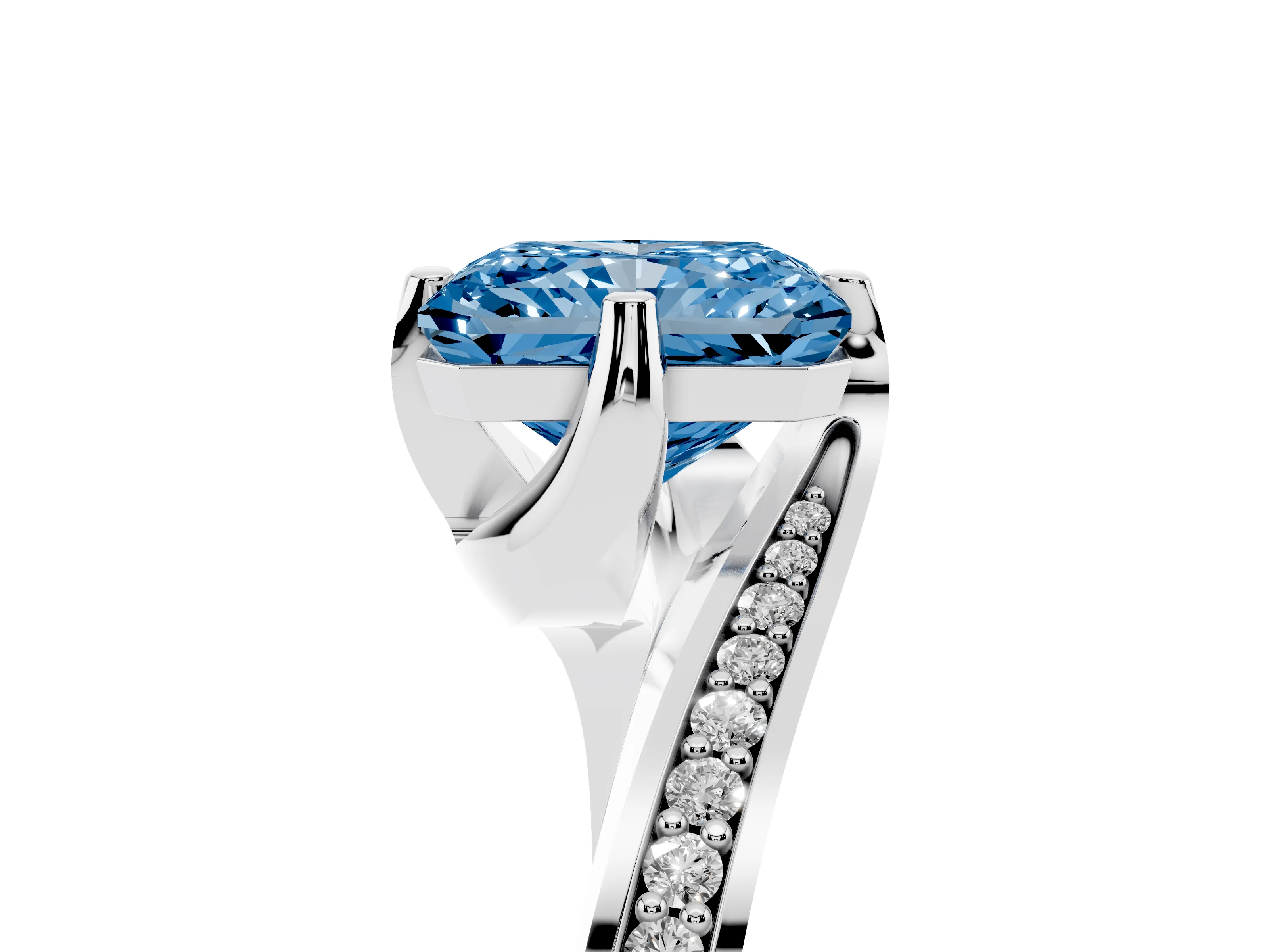Fancy Blue Radiant Cut Diamond Solitaire Ring Set in Platinum with Intertwined Pavé Twist Band