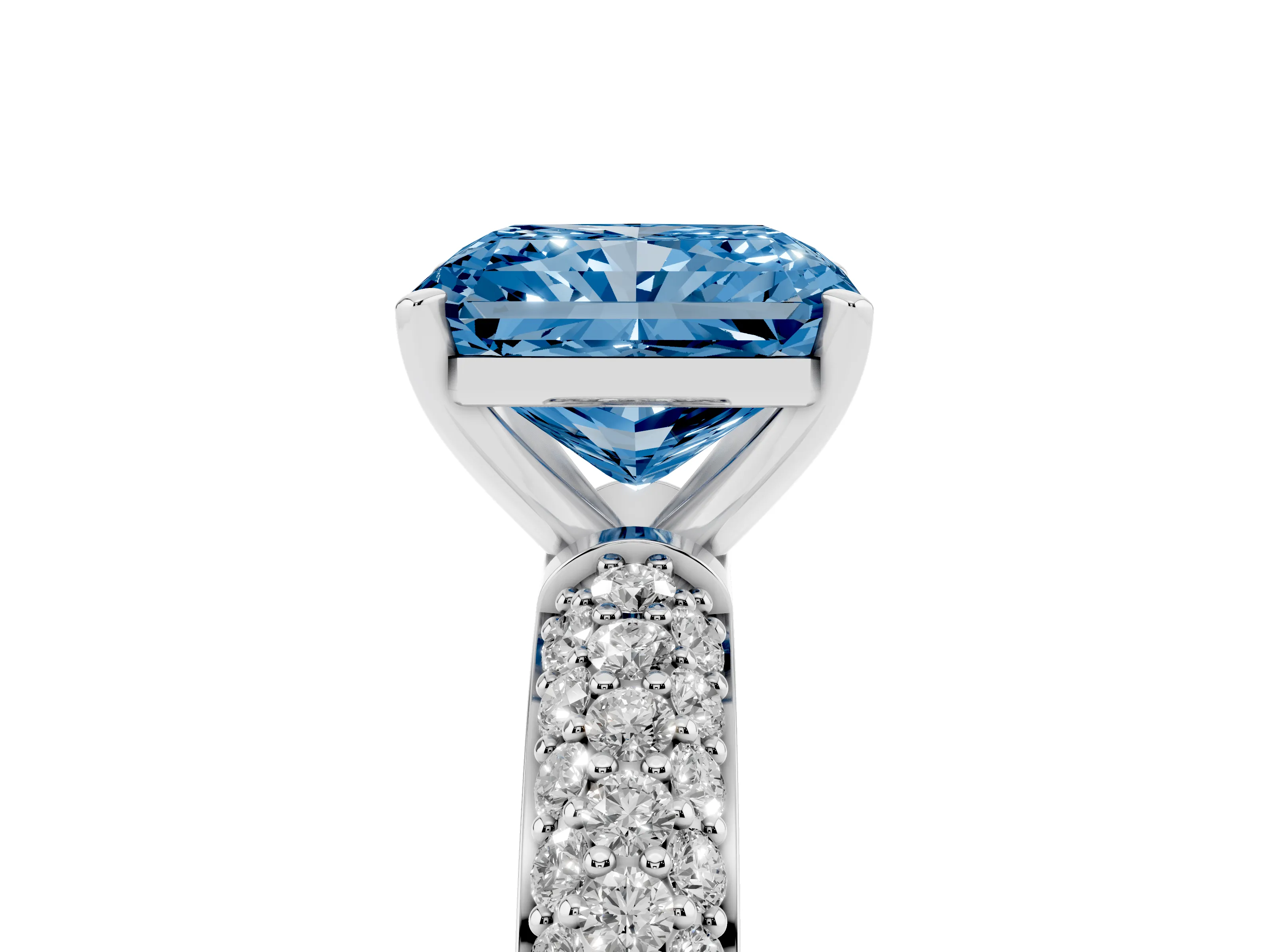 Fancy Blue Radiant Cut Diamond Solitaire Ring Set in Platinum with Prong Setting and Pavé-Set Band