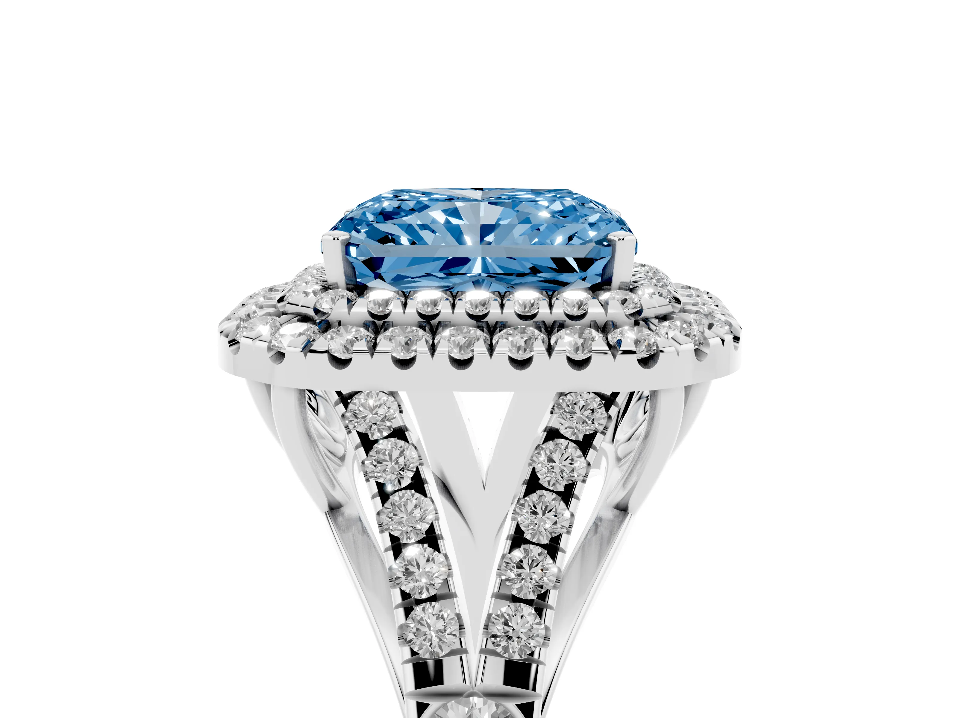 Fancy Blue Radiant Cut Diamond Pavé Split Shank Double Halo Engagement Ring Set in Silver