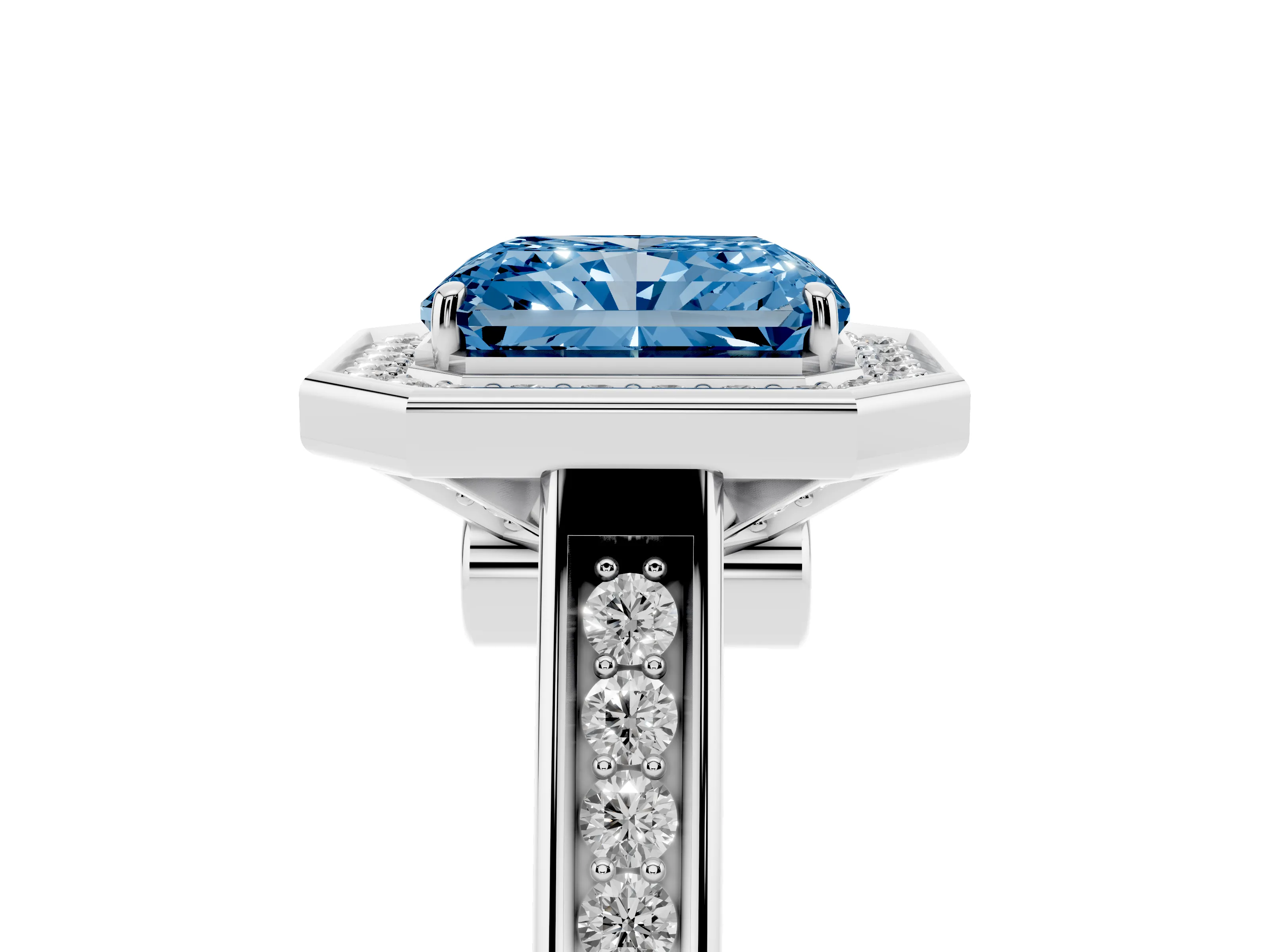 Fancy Blue Radiant Cut Diamond Halo Solitaire Ring Set in White gold with Pavé Band and Bezel Setting