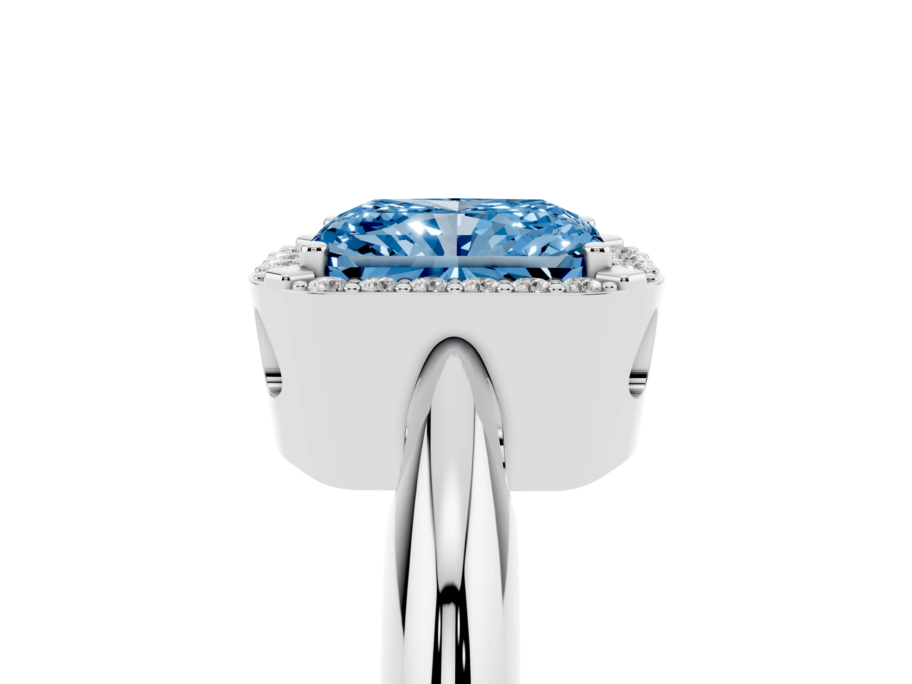 Fancy Blue Radiant Cut Diamond Halo Engagement Ring Set in Platinum with Plain Split Shank and Prong Setting
