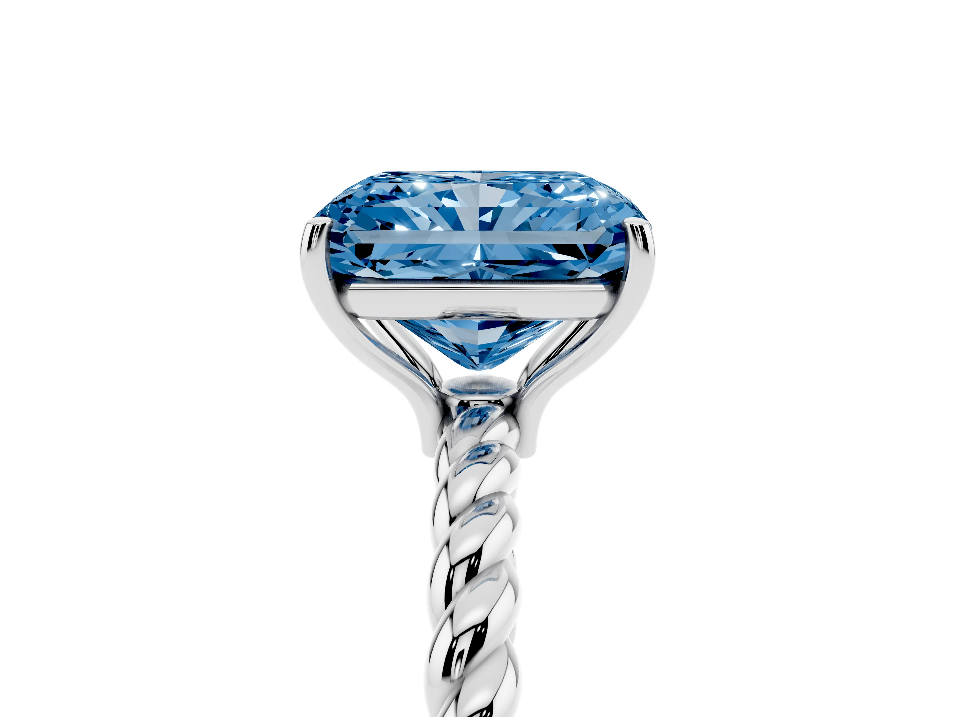 Fancy Blue Radiant Cut Diamond Solitaire Ring Set in White gold with Twist Band and Prong Setting