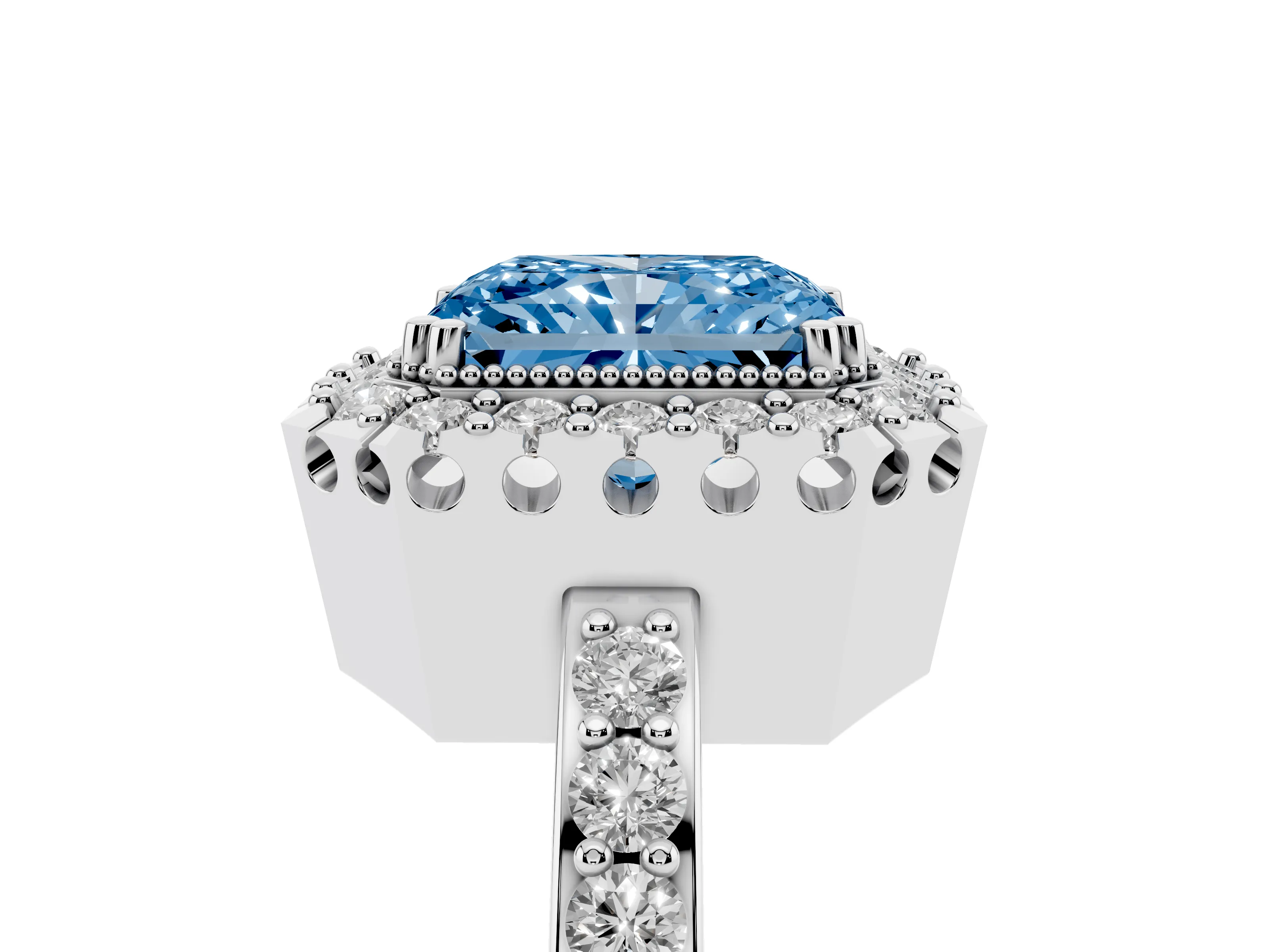 Fancy Blue Radiant Cut Diamond Halo Ring Set in White gold with Pavé Shank and Prong Setting