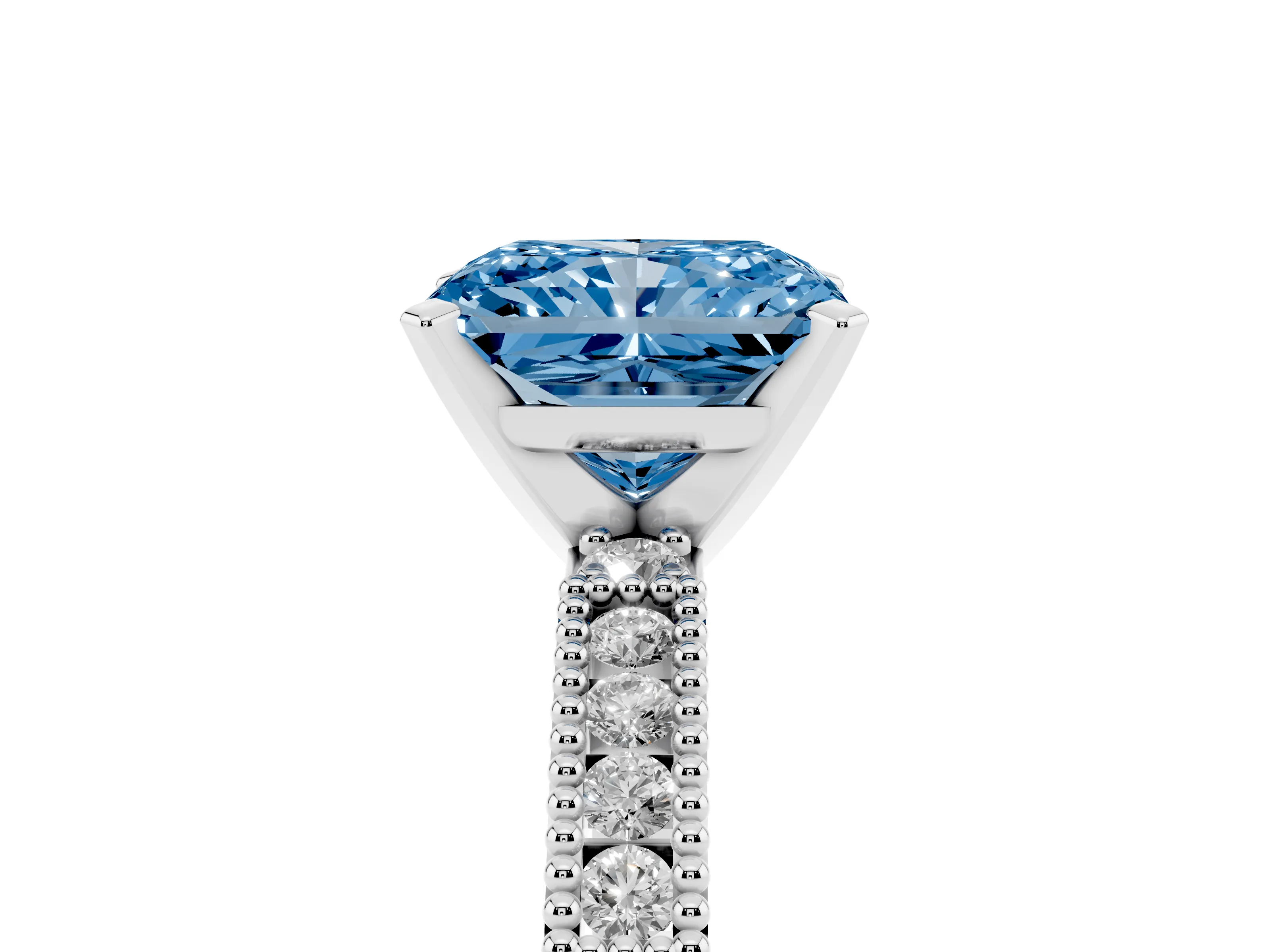 Fancy Blue Radiant Cut Diamond Solitaire Ring Set in White gold with Slim Pavé Band and Prong Setting