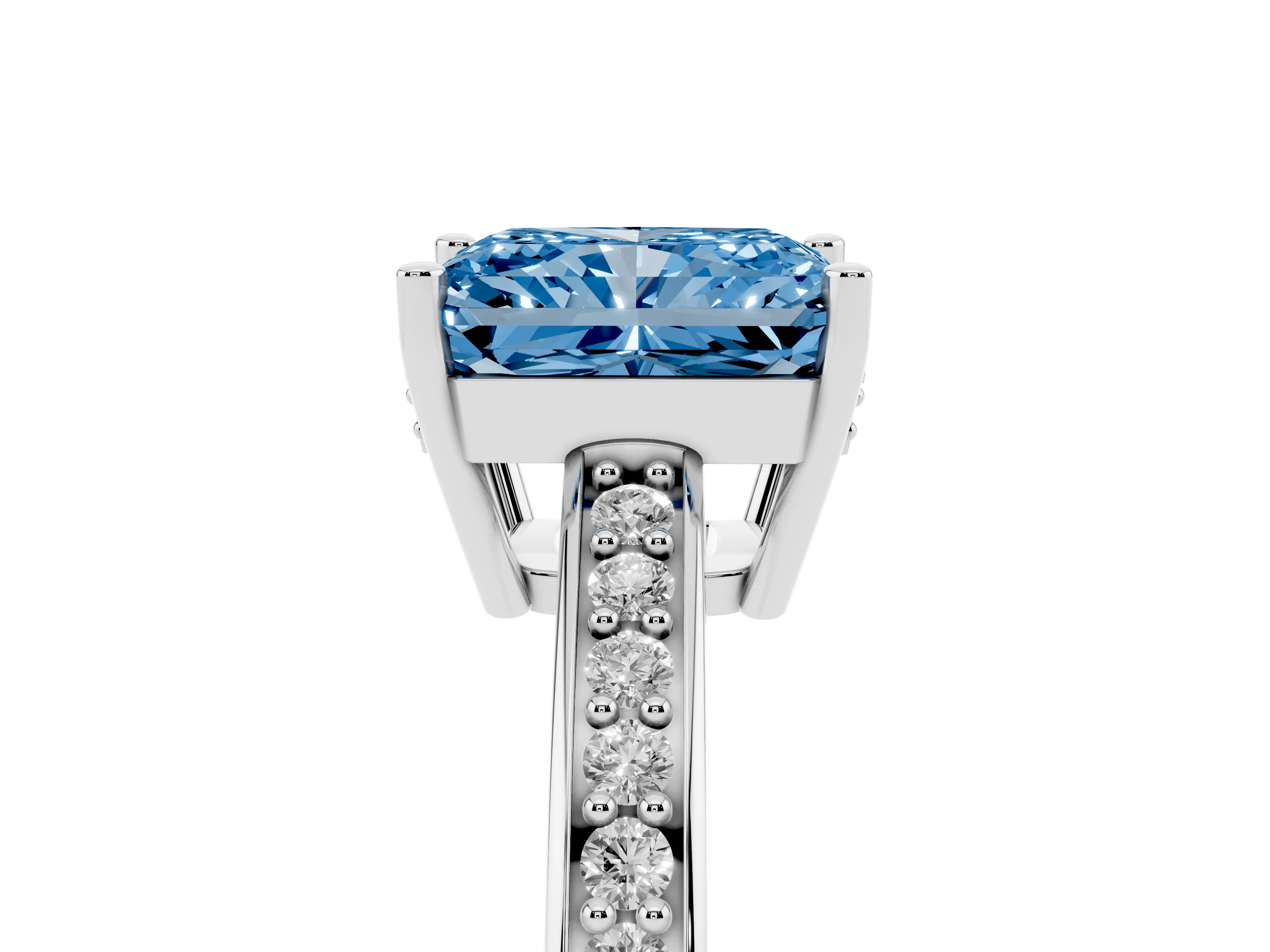 Fancy Blue Radiant Cut Diamond Pavé Band Prong Set Solitaire Ring Set in Silver