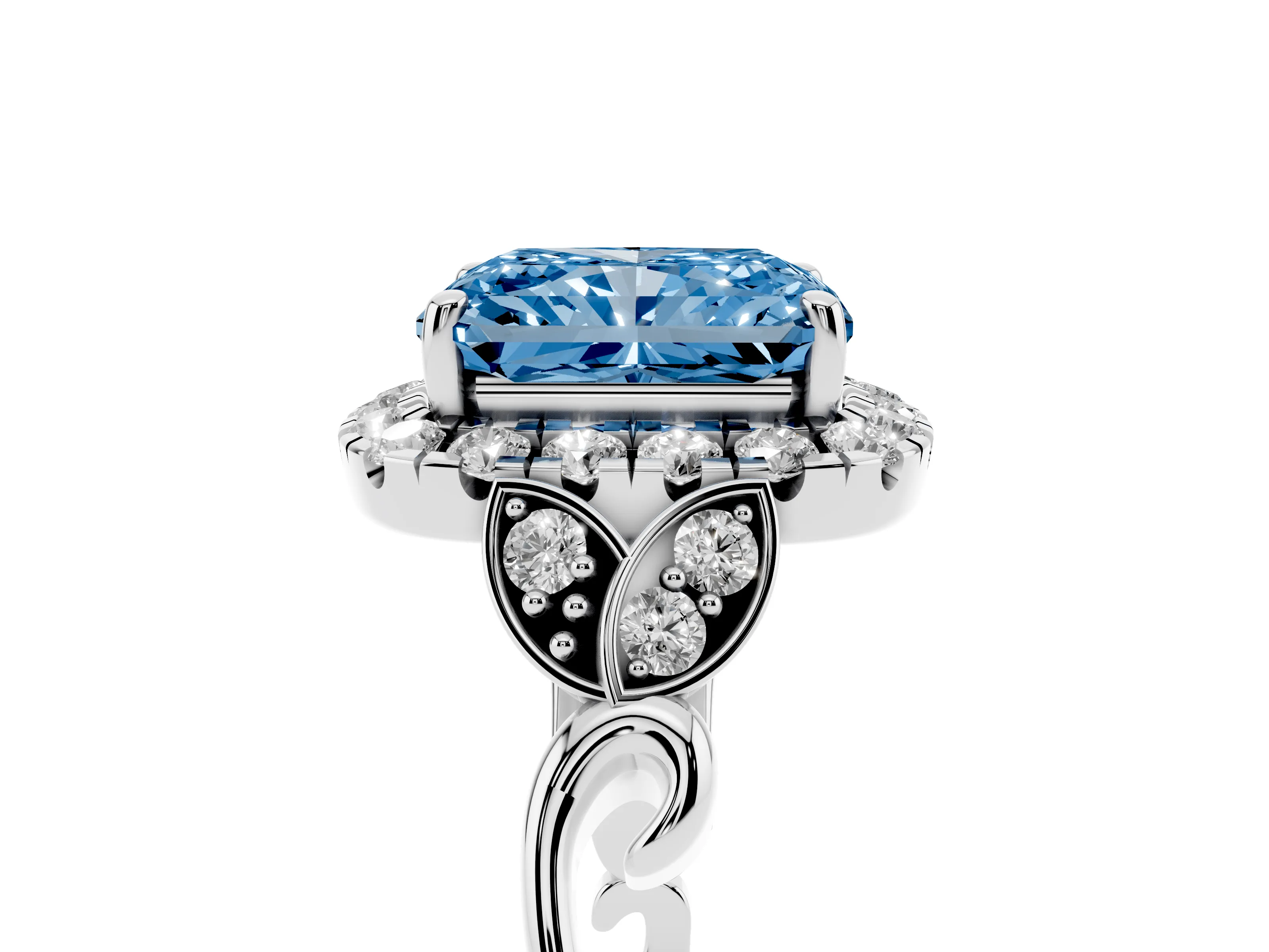Fancy Blue Radiant Cut Diamond Halo Engagement Ring Set in Platinum with Vintage-Inspired Band and Prong Setting