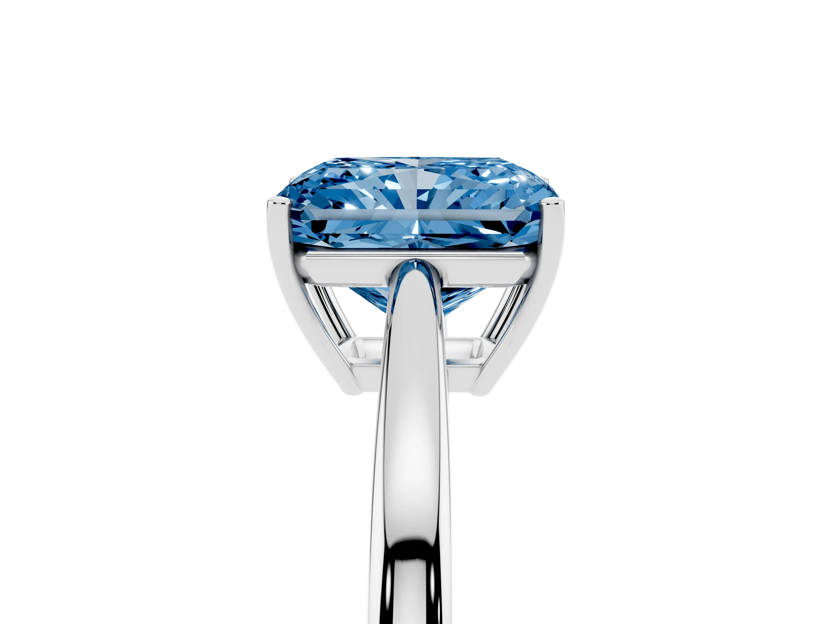 Fancy Blue Radiant Cut Diamond Solitaire Ring Set in Silver with Split Shank and Prong Setting