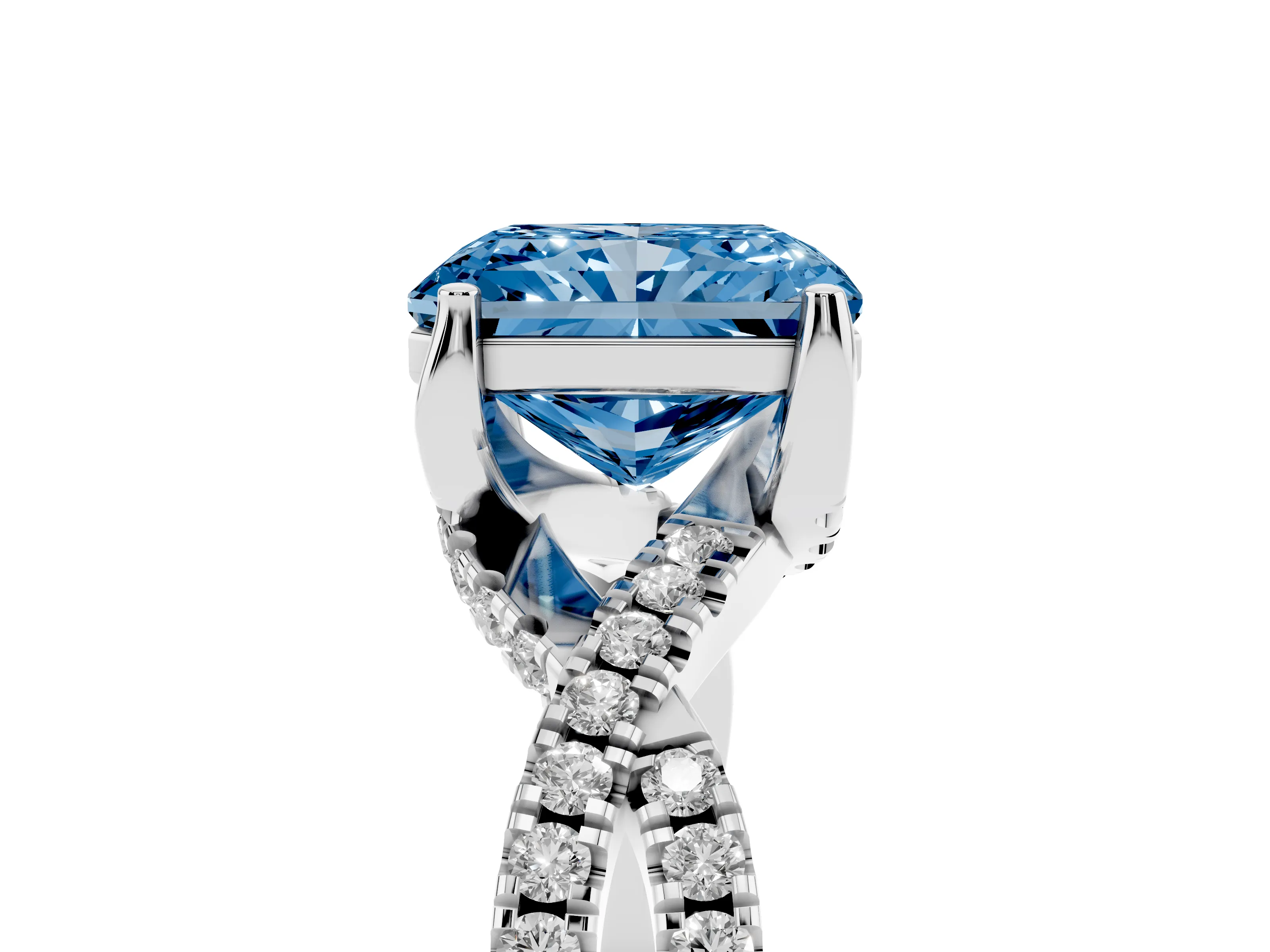 Fancy Blue Radiant Cut Diamond Twist Pavé Solitaire Engagement Ring Set in Silver with Prong Setting