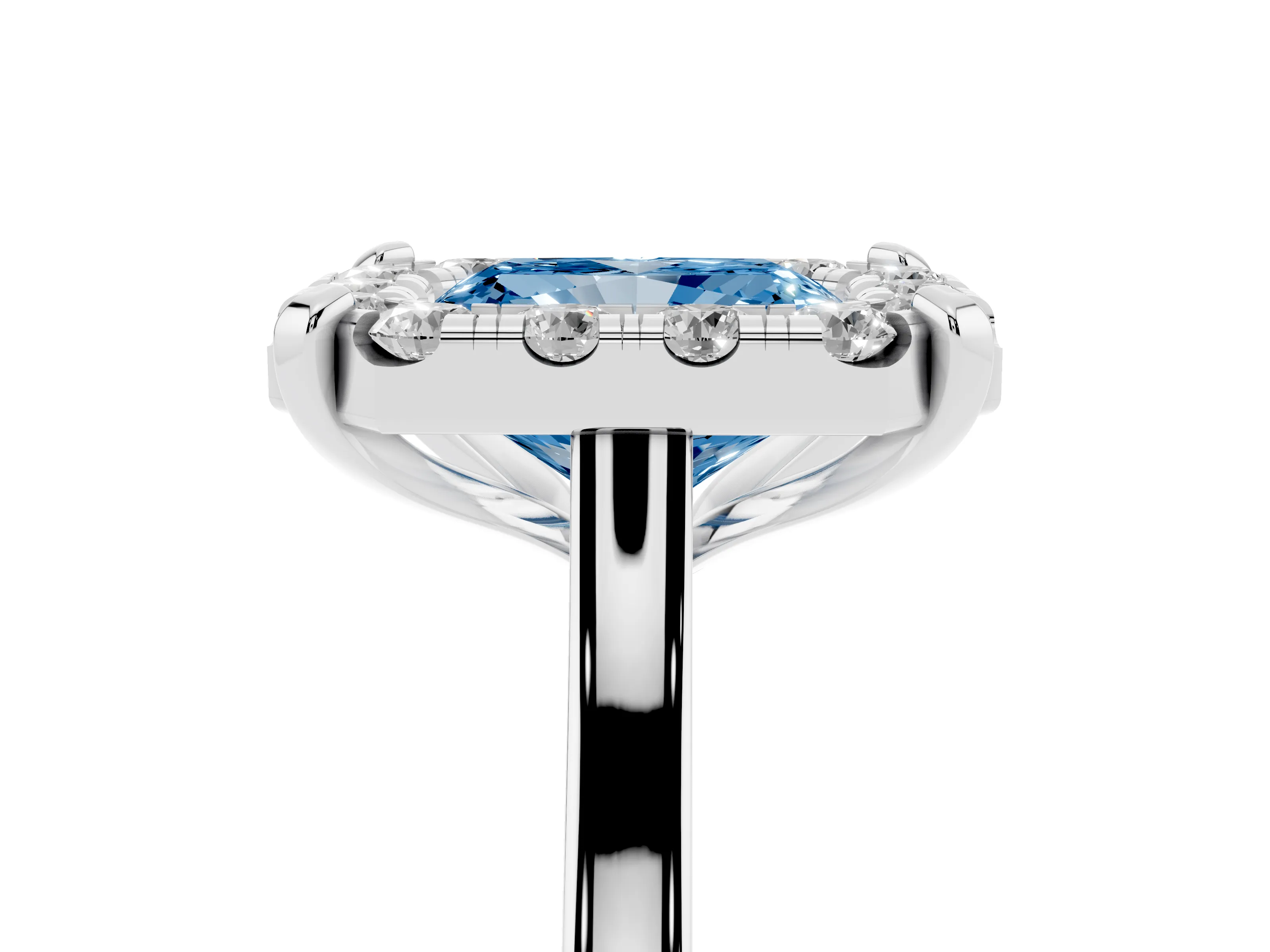 Fancy Blue Radiant Cut Diamond Cluster Halo Solitaire Ring Set in White gold with Prong Setting