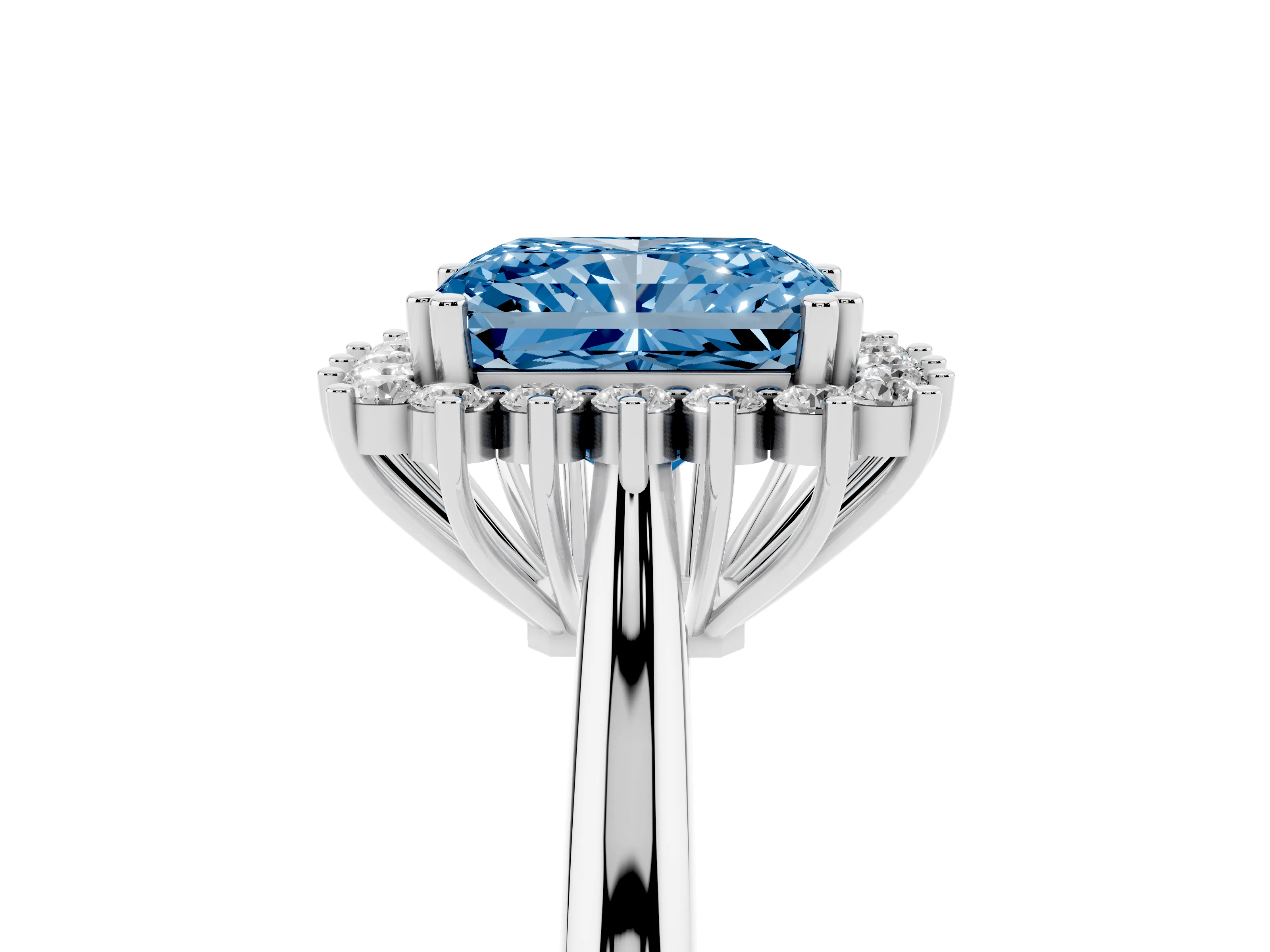 Fancy Blue Radiant Cut Diamond Halo Ring Set in White gold with Plain Solitaire Band and Prong Setting