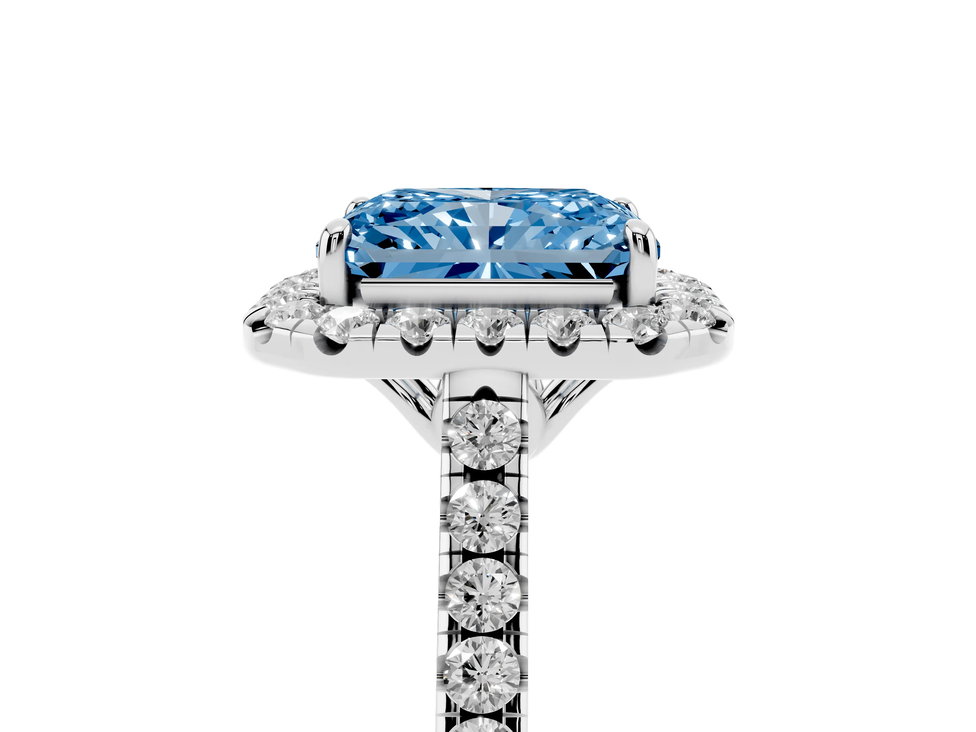 Fancy Blue Radiant Cut Diamond Pavé Halo Engagement Ring Set in White gold with Pavé Band and Prong Setting