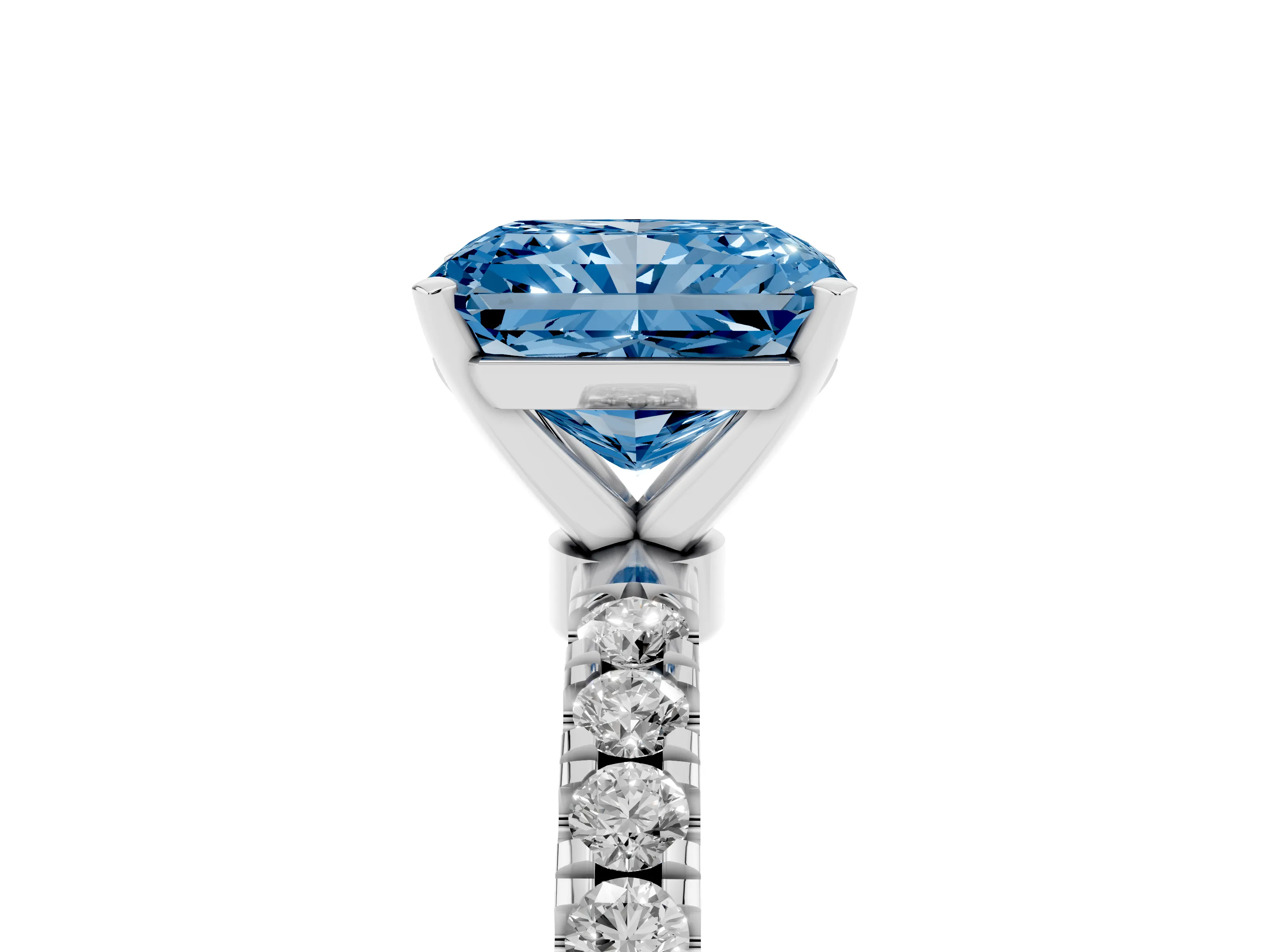 Fancy Blue Radiant Cut Diamond Solitaire Ring Set in Silver with Pavé Accents and Prong Setting