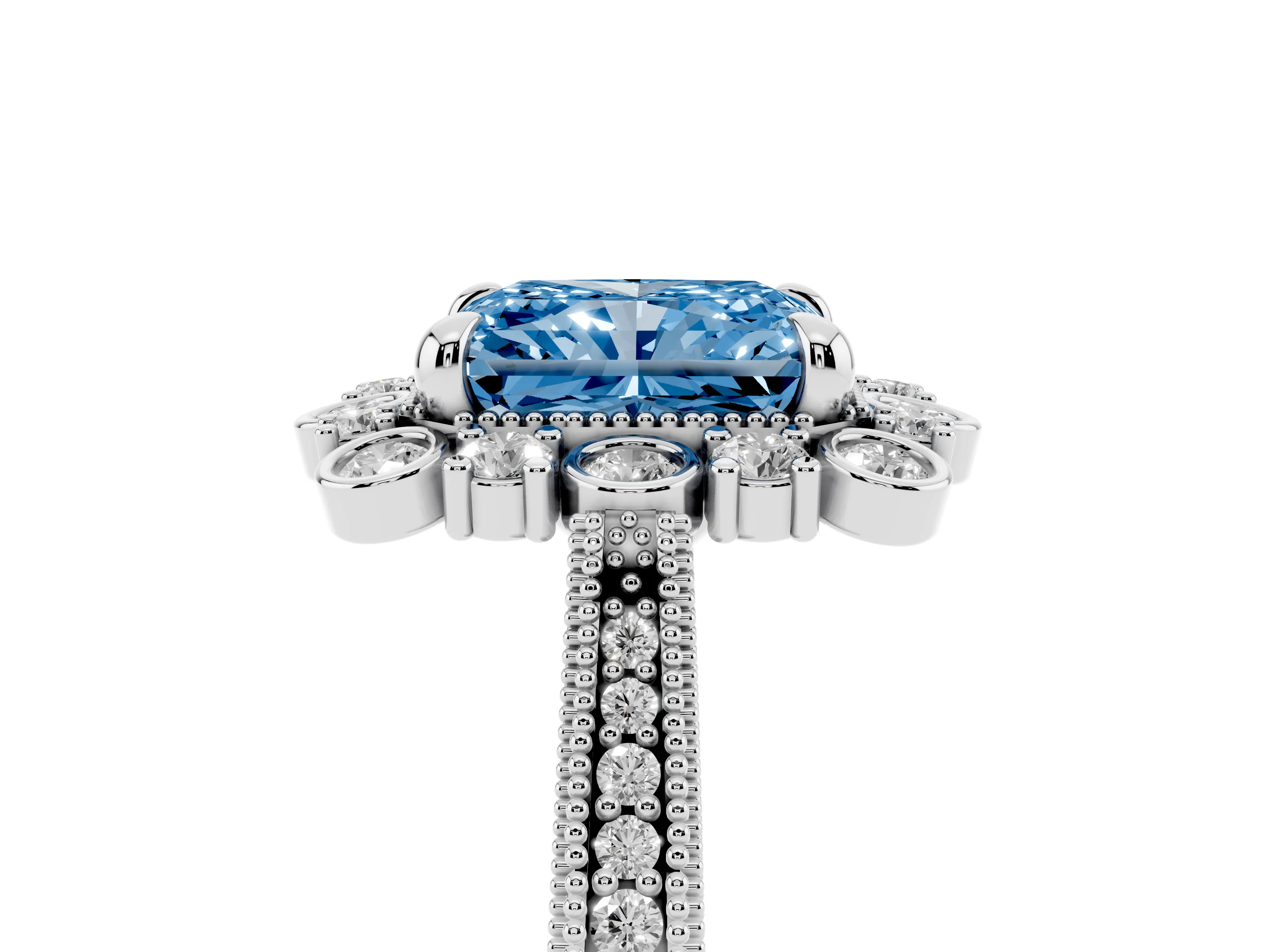 Fancy Blue Radiant Cut Diamond Halo Milgrain Pavé Ring Set in White gold with Prong Setting