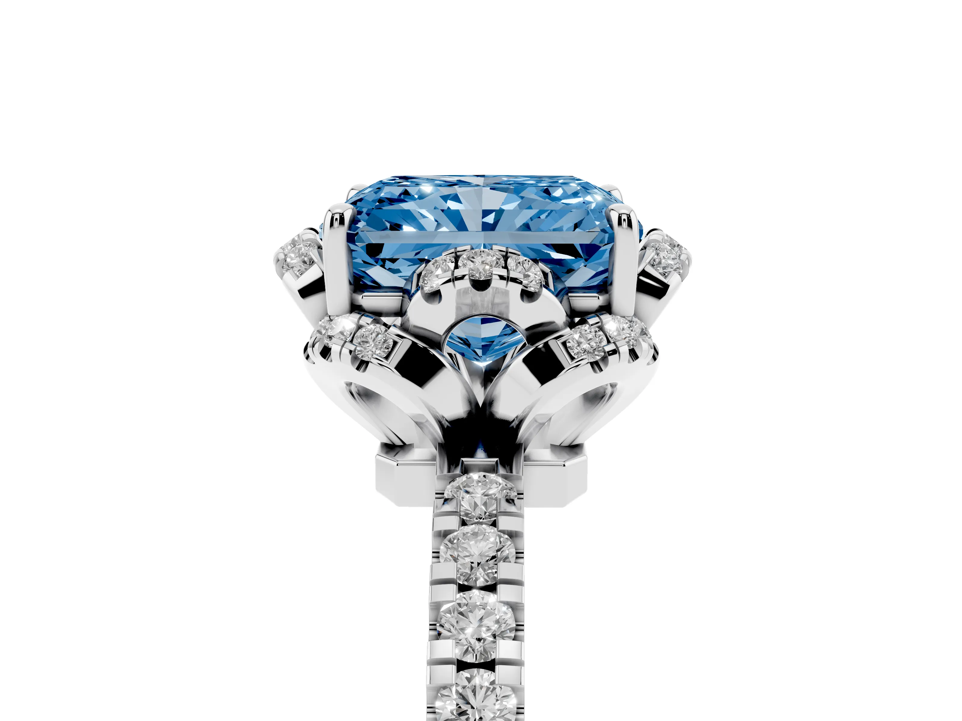 Fancy Blue Radiant Cut Diamond Halo Pavé Band Ring Set in Silver with Prong-Held Center